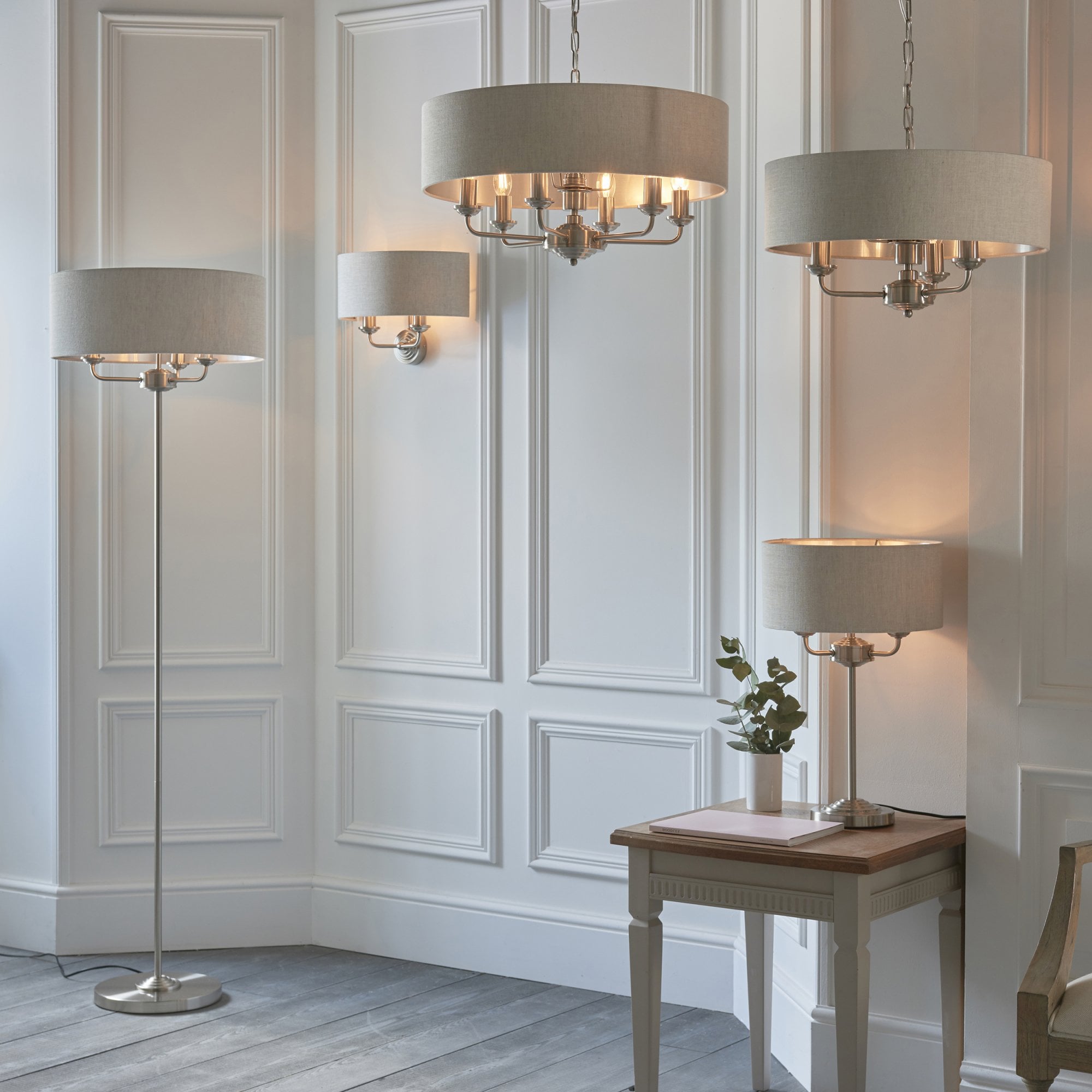 Endon Highclere 2 Light Wall Light - Brushed Chrome Plate & Neutral Linen