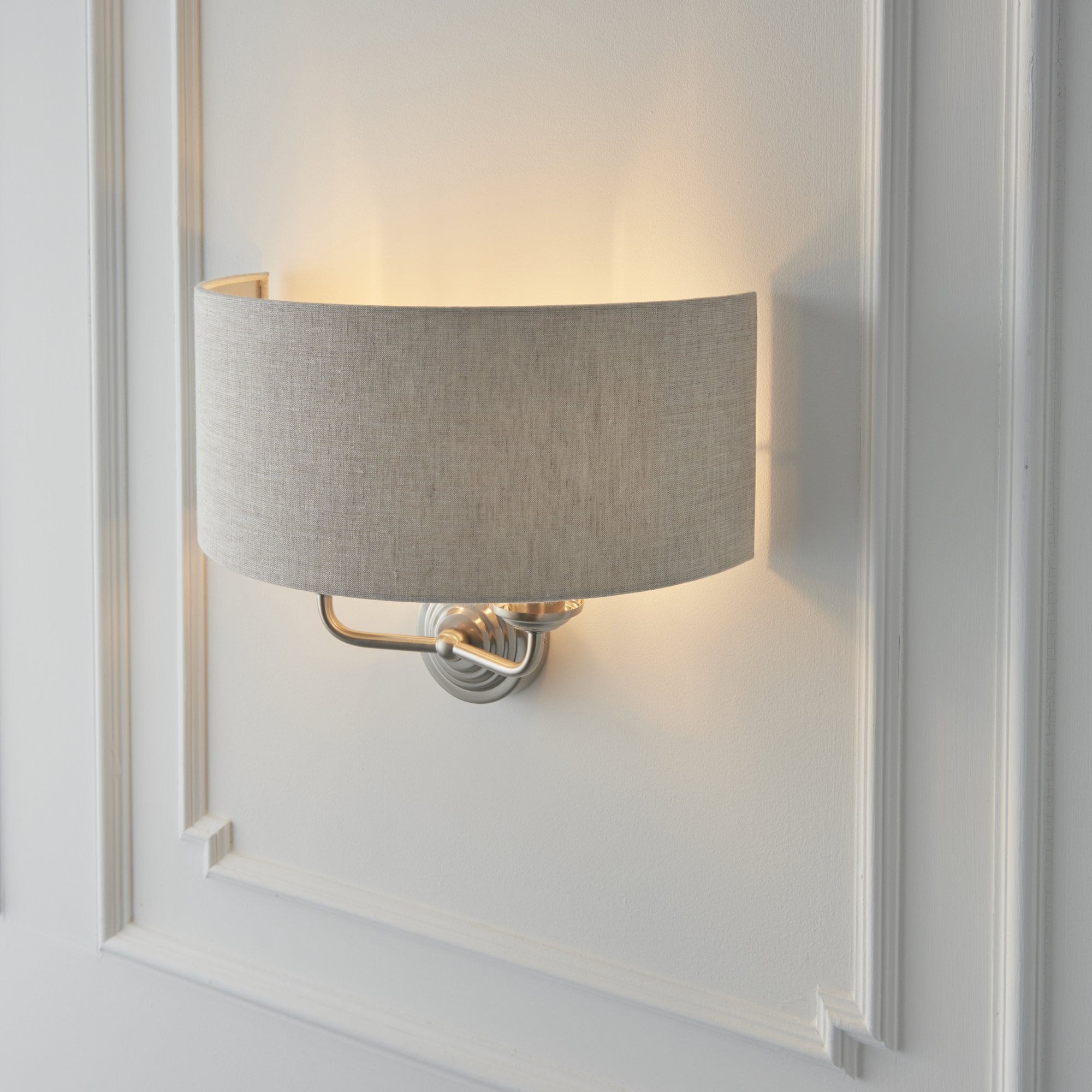 Endon Highclere 2 Light Wall Light - Brushed Chrome Plate & Neutral Linen
