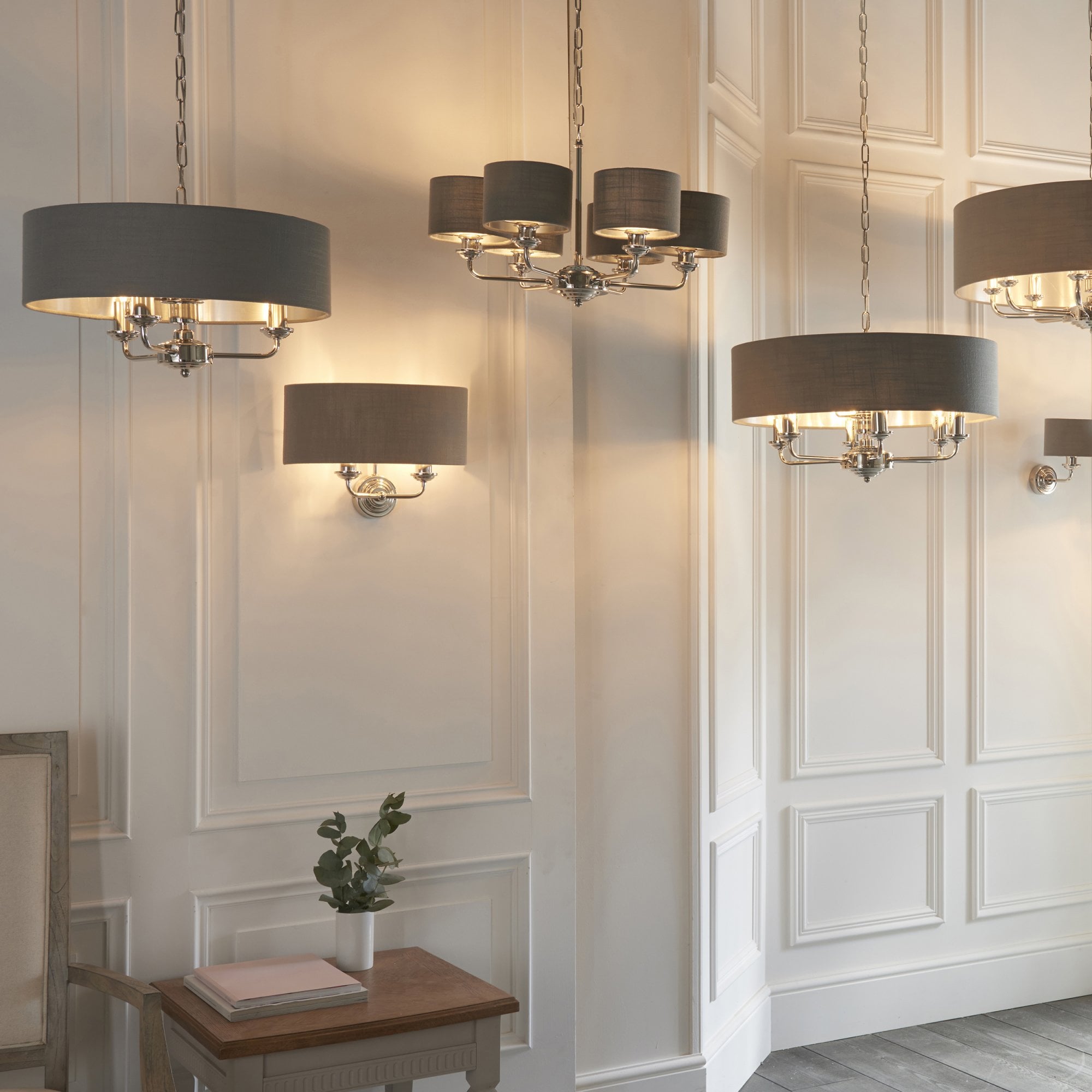 Endon Highclere 2 Light Wall Light - Bright Nickel Plate & Charcoal Fabric