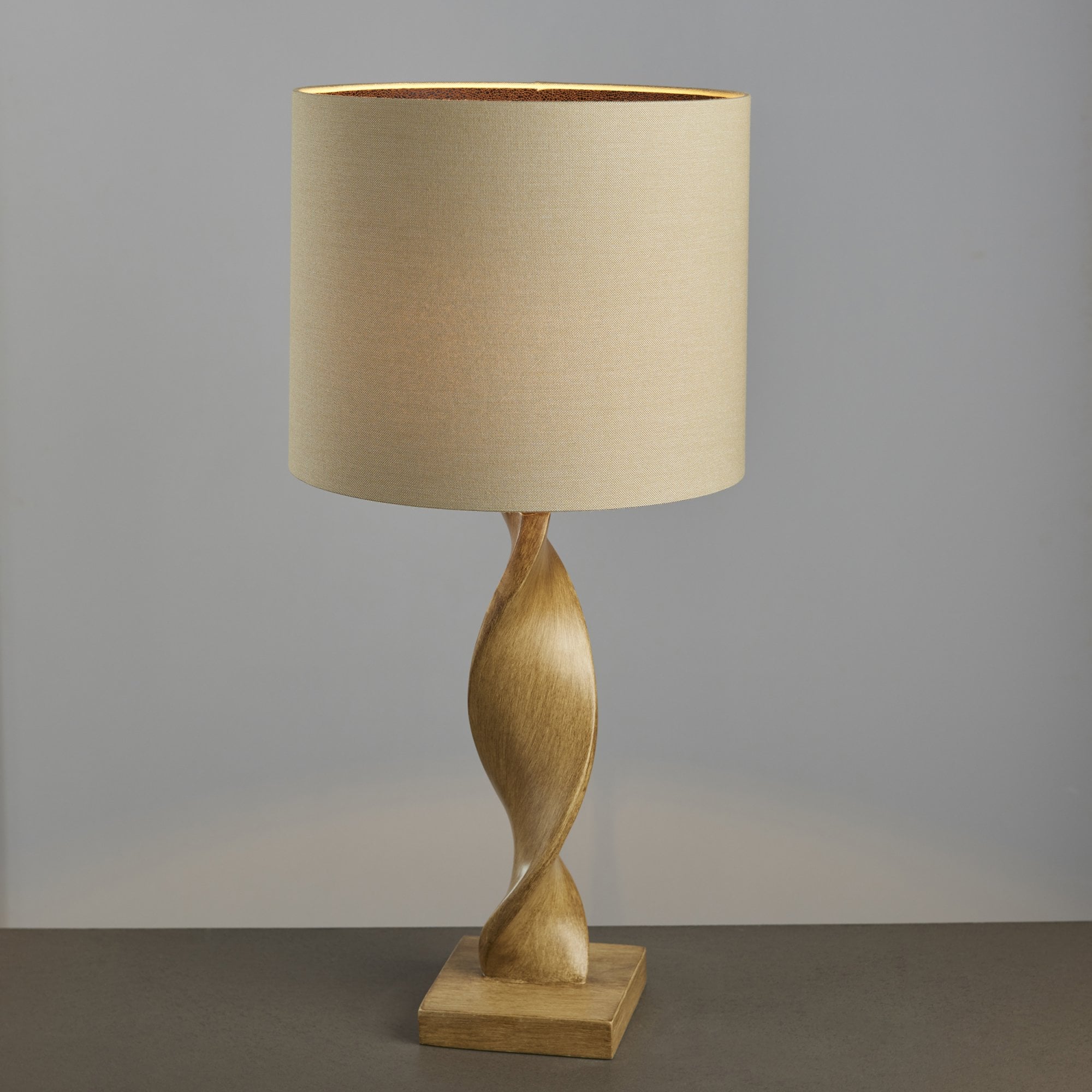 Endon Abia Single Light Table Lamp - Oak Effect Resin & Neutral Linen