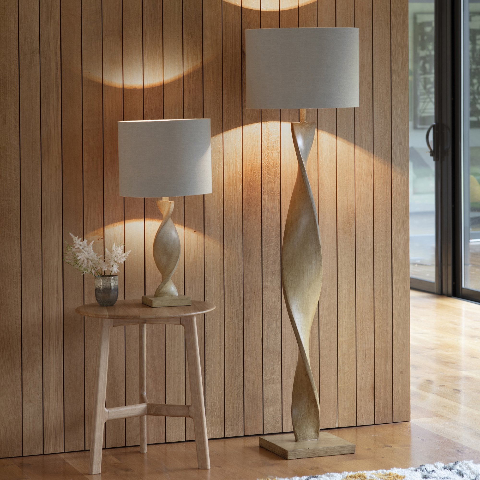 Endon Abia Single Light Table Lamp - Oak Effect Resin & Neutral Linen