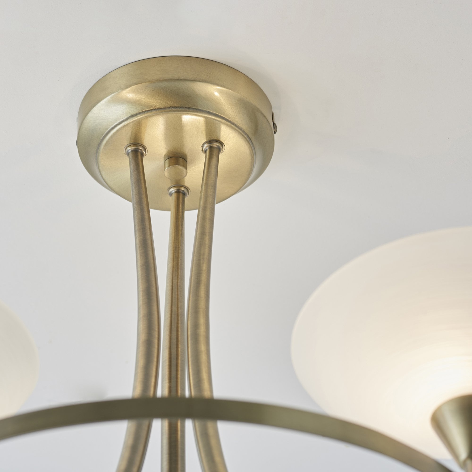 Endon Cagney 3 Light Semi Flush Fitting - Antique Brass Plate & White Glass