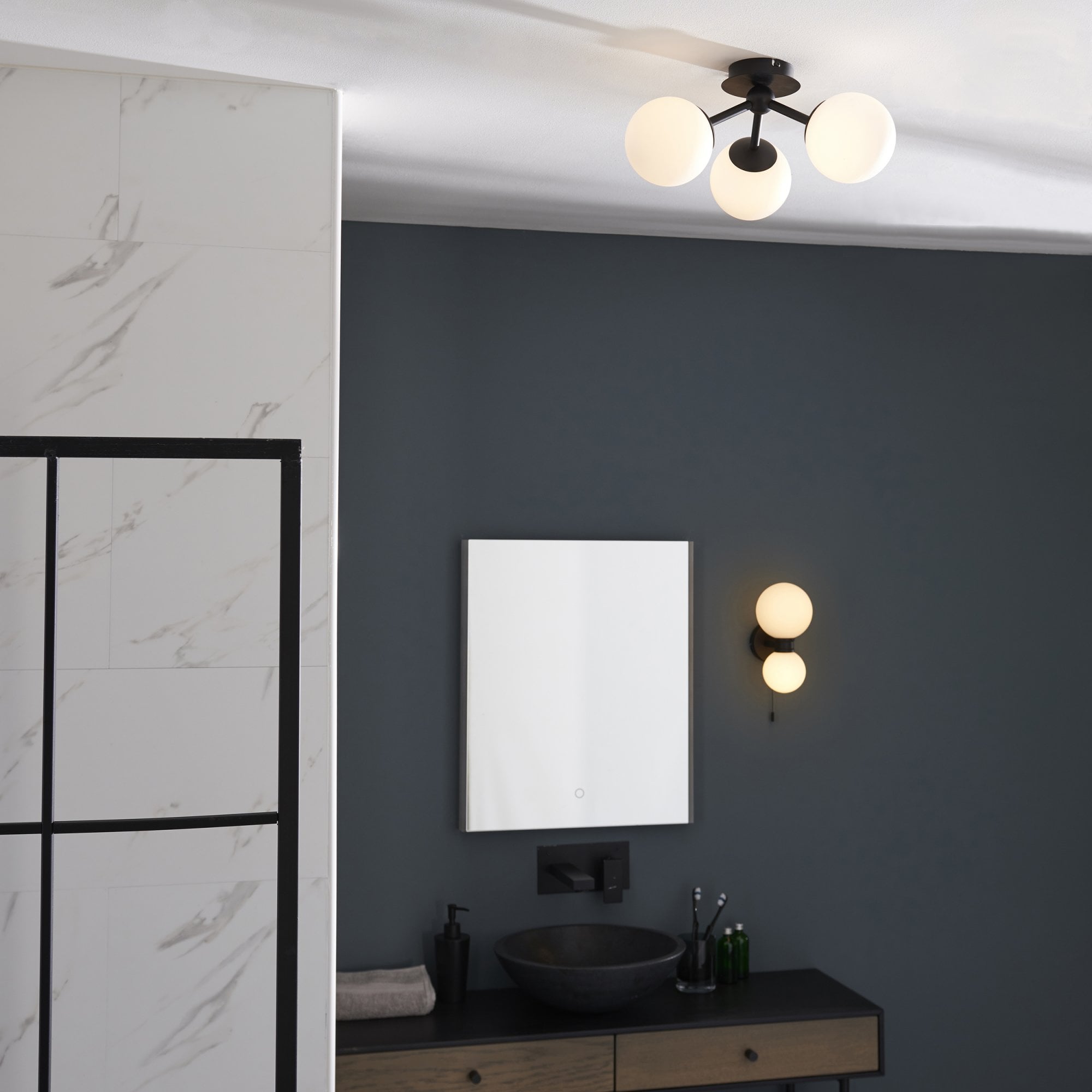 Endon Pulsa 3 Light Semi Flush - Matt Black & Matt White Glass