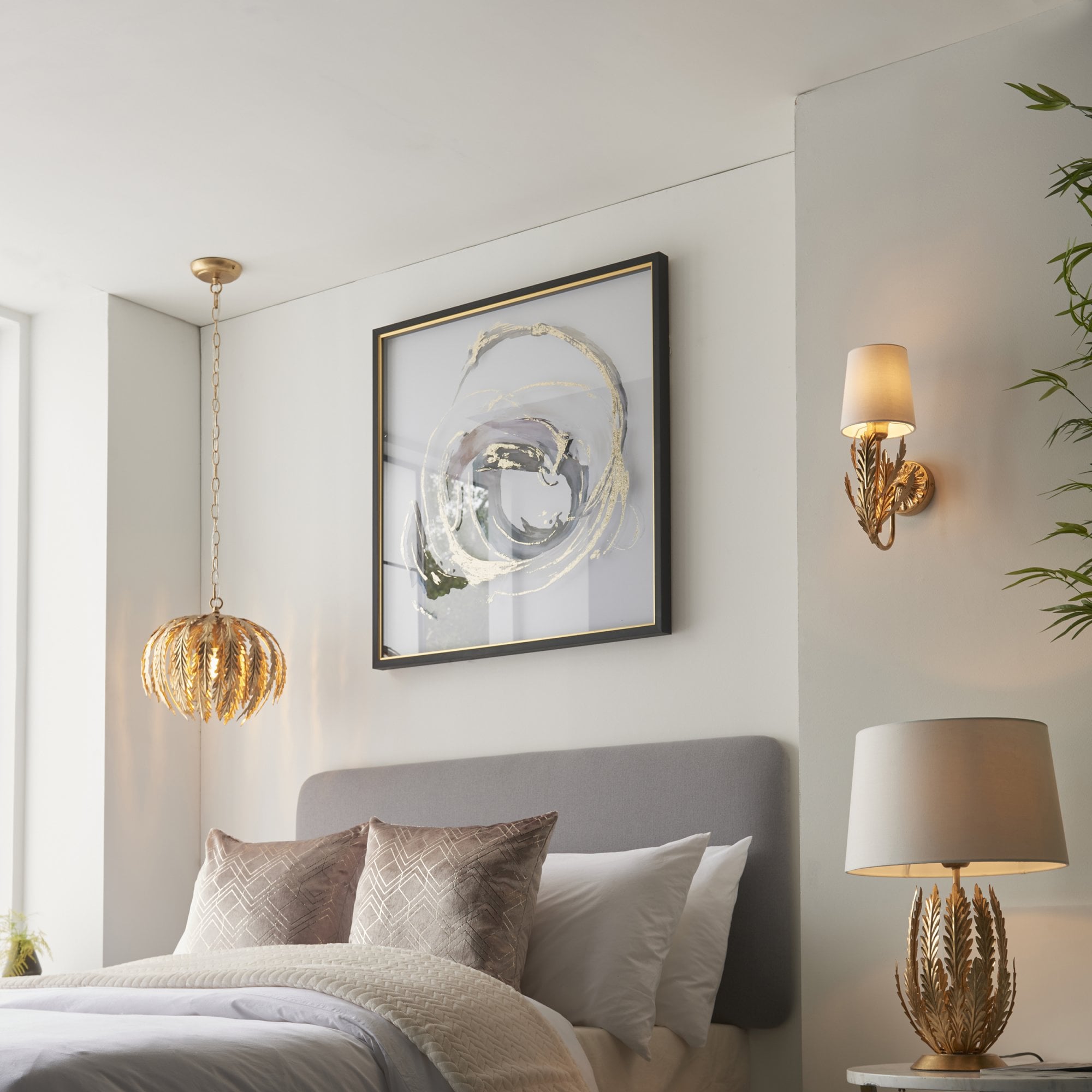 Endon Delphine Single Light Table Lamp - Gold Leaf & Ivory Cotton Fabric