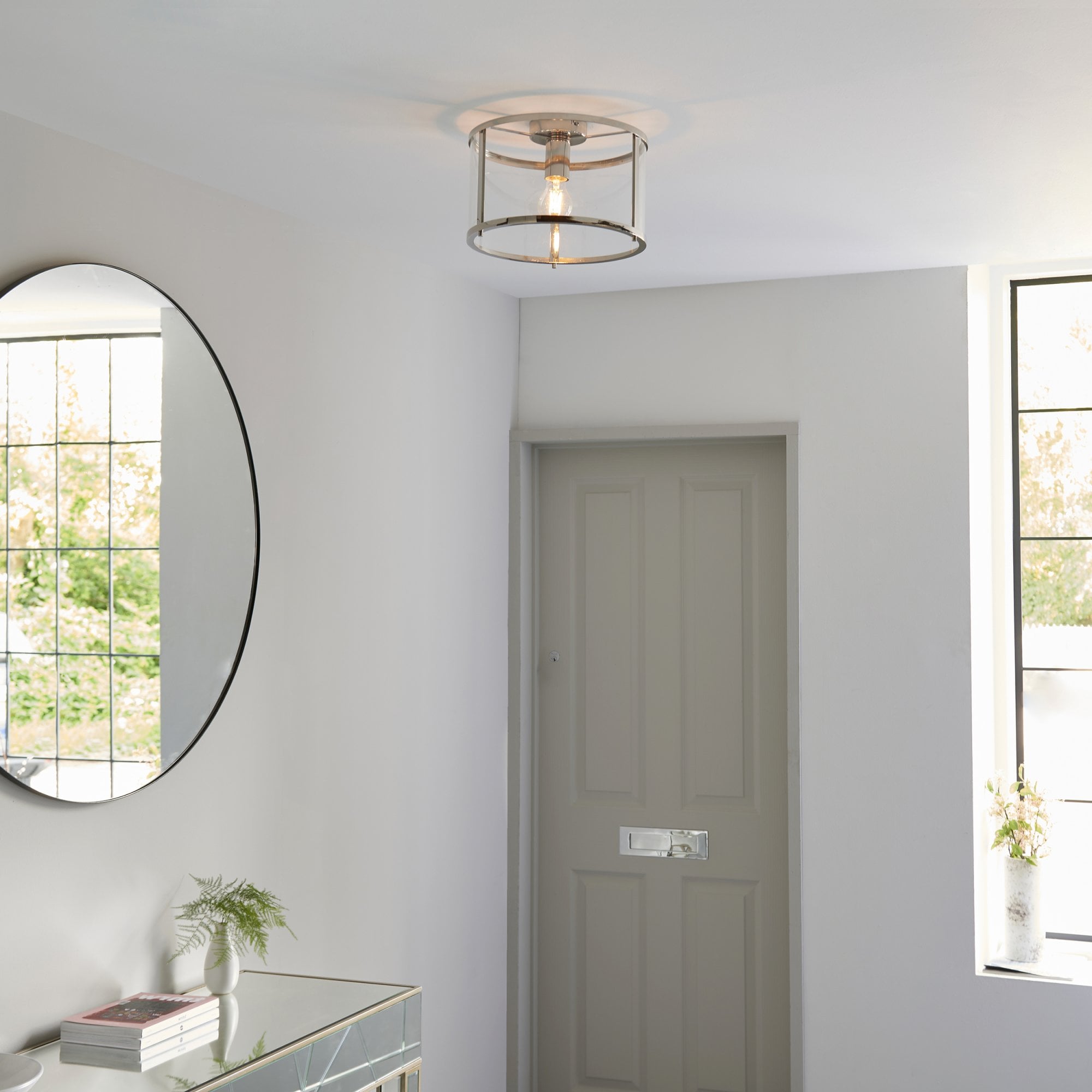 Endon Hopton Single Light Flush - Bright Nickel Plate & Clear Glass