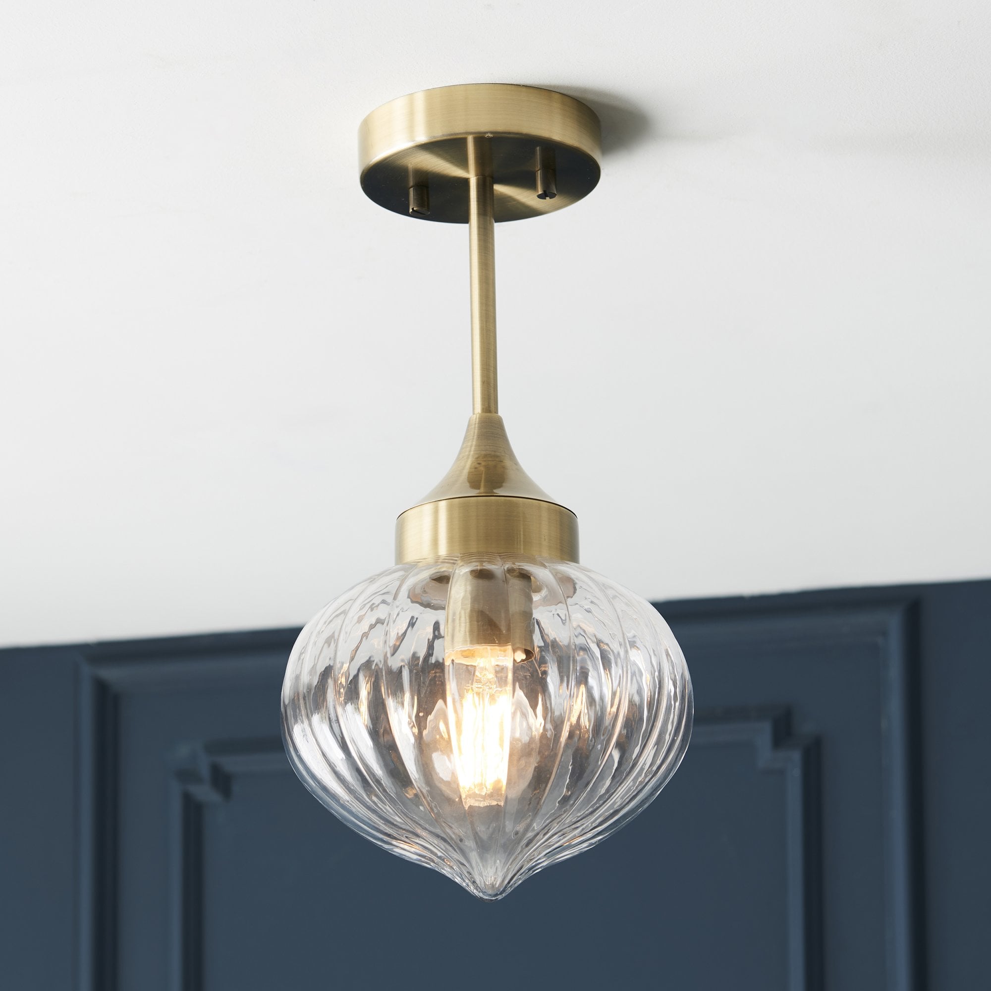 Endon Addington Single Light Semi Flush - Antique Brass Plate & Clear Ribbed Glass