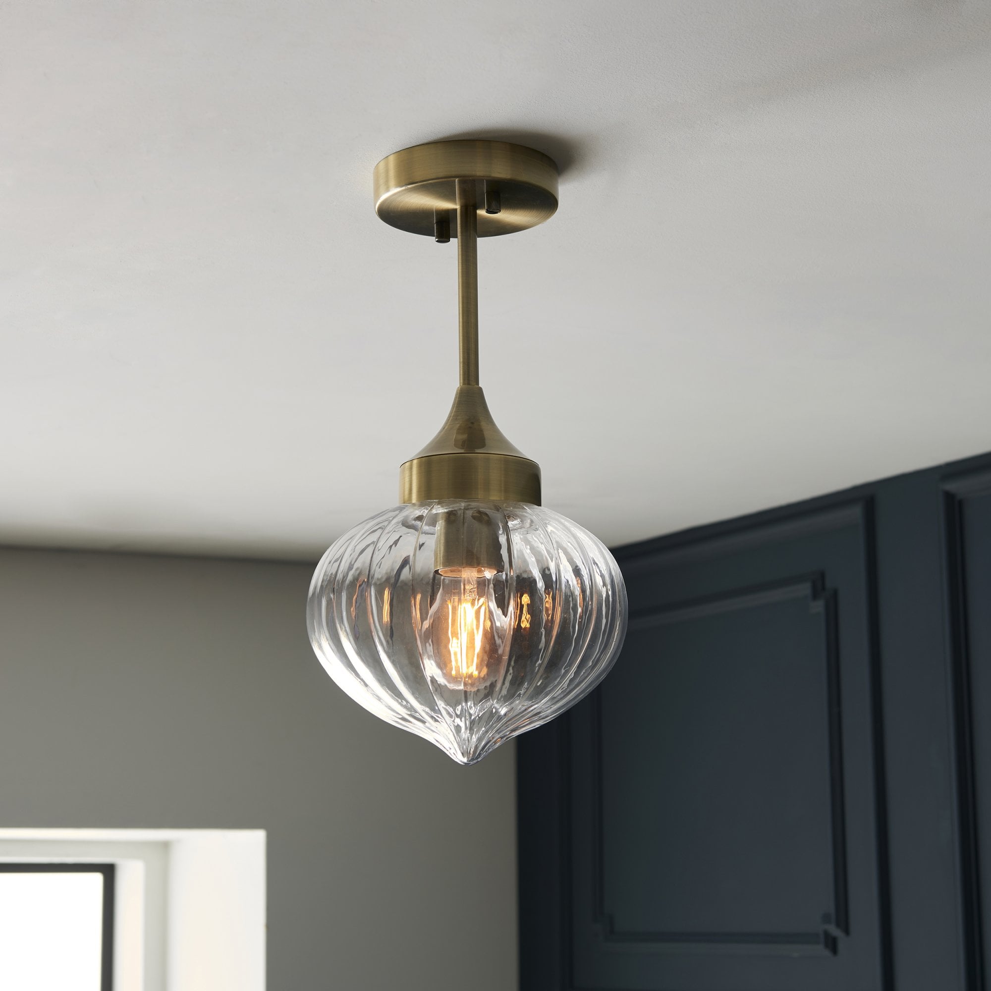 Endon Addington Single Light Semi Flush - Antique Brass Plate & Clear Ribbed Glass