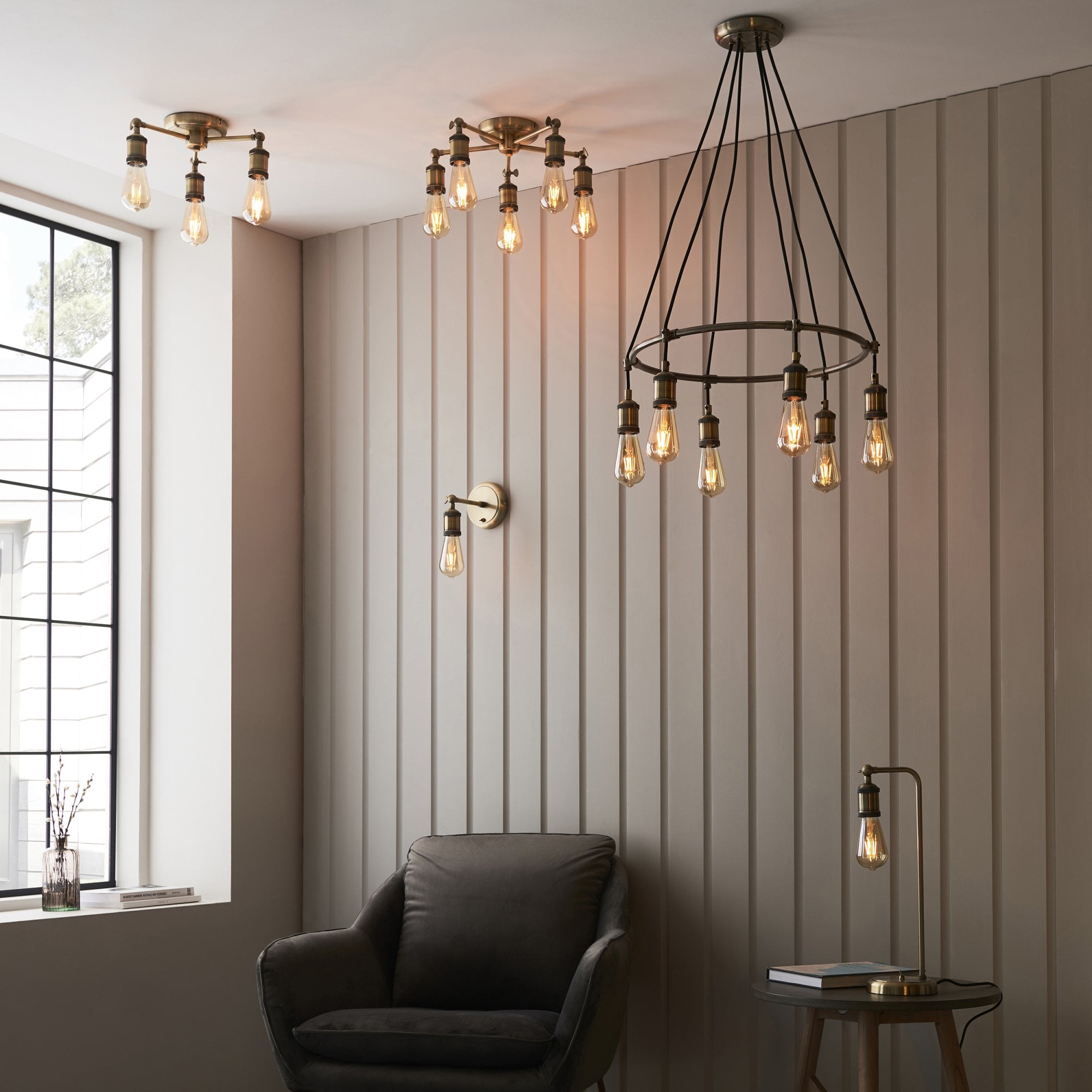 Endon Hal 5 Light Semi Flush - Antique Brass