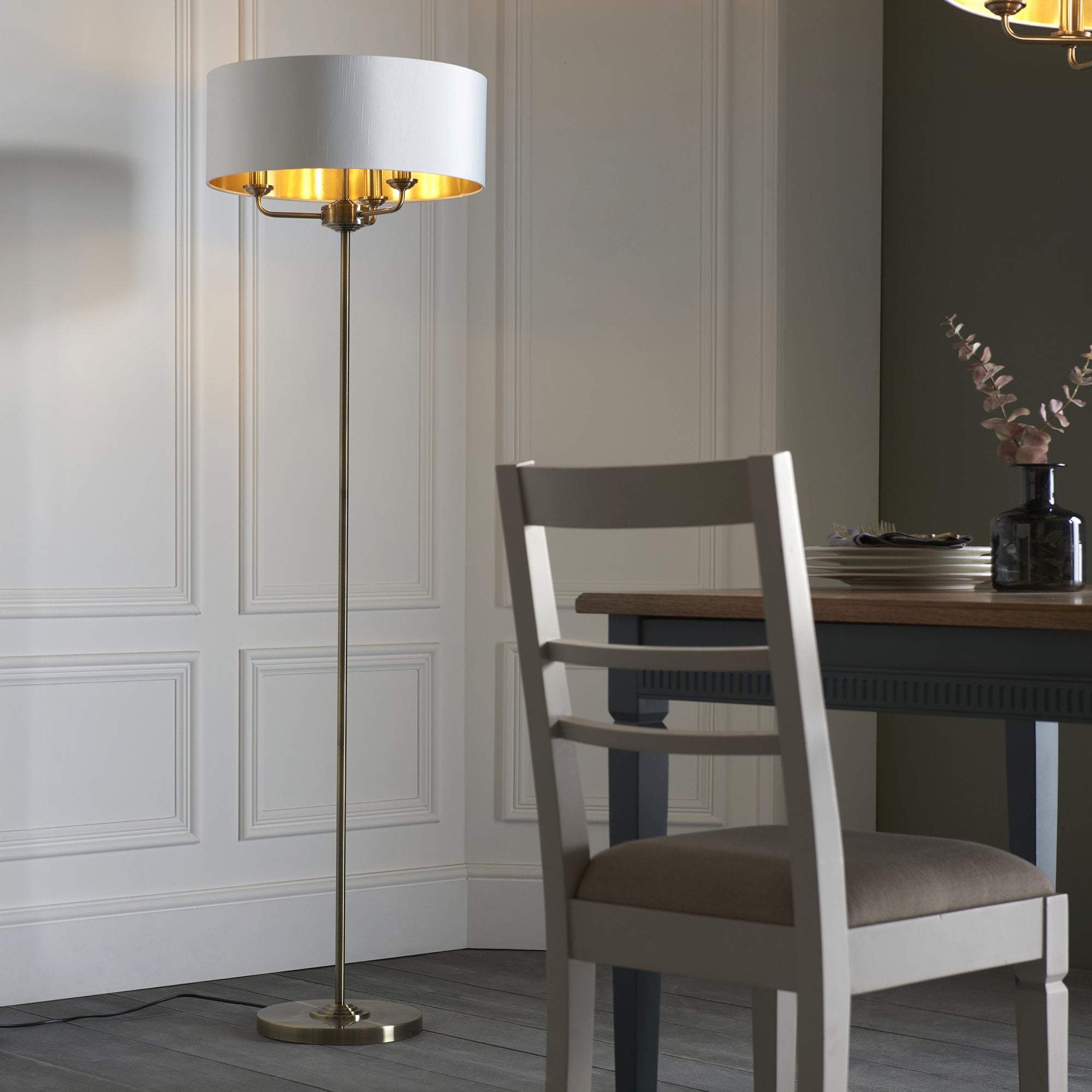 Endon Highclere 3 Light Floor Lamp - Antique Brass & Vintage White