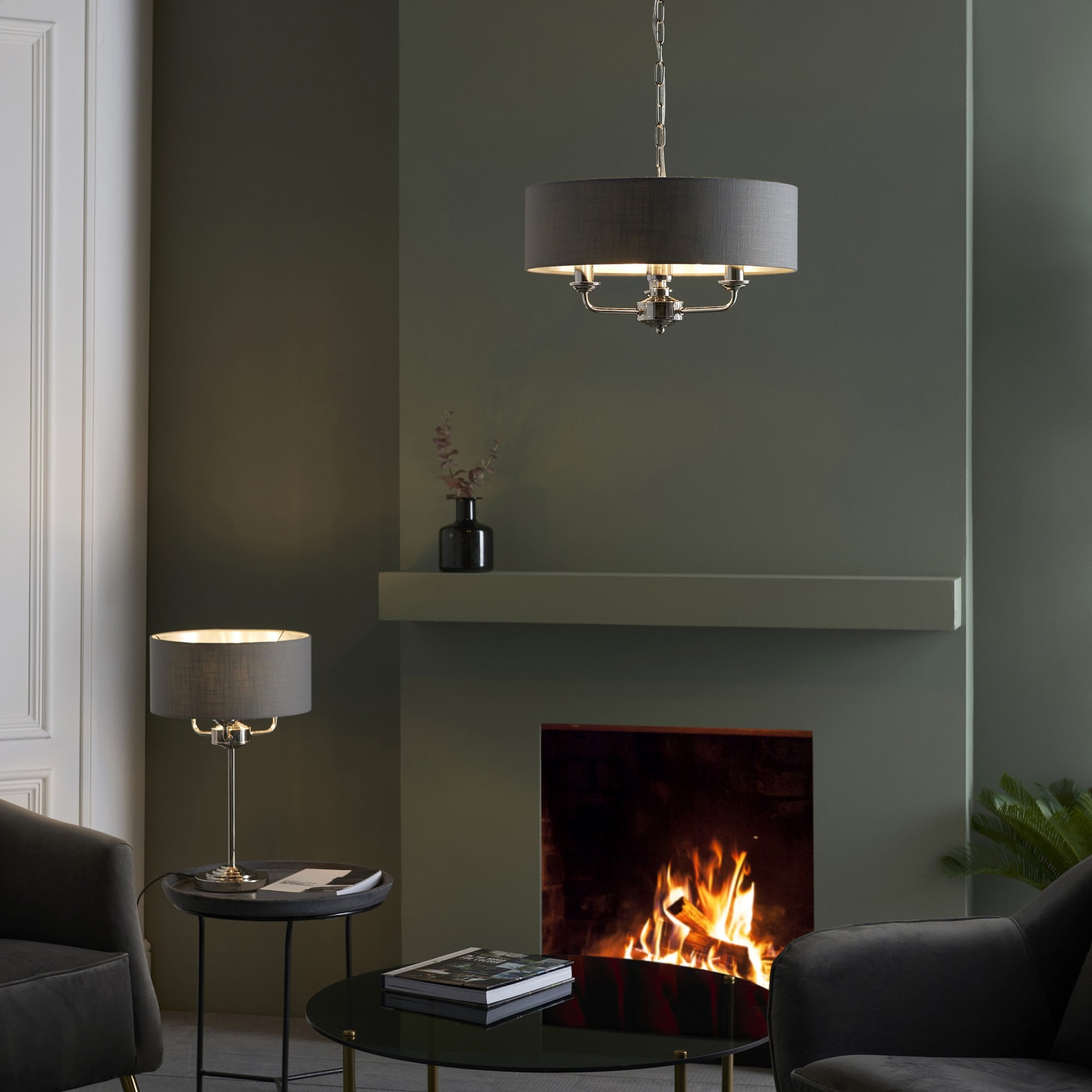 Endon Highclere 3 Light Table Lamp - Bright Nickel & Charcoal Linen