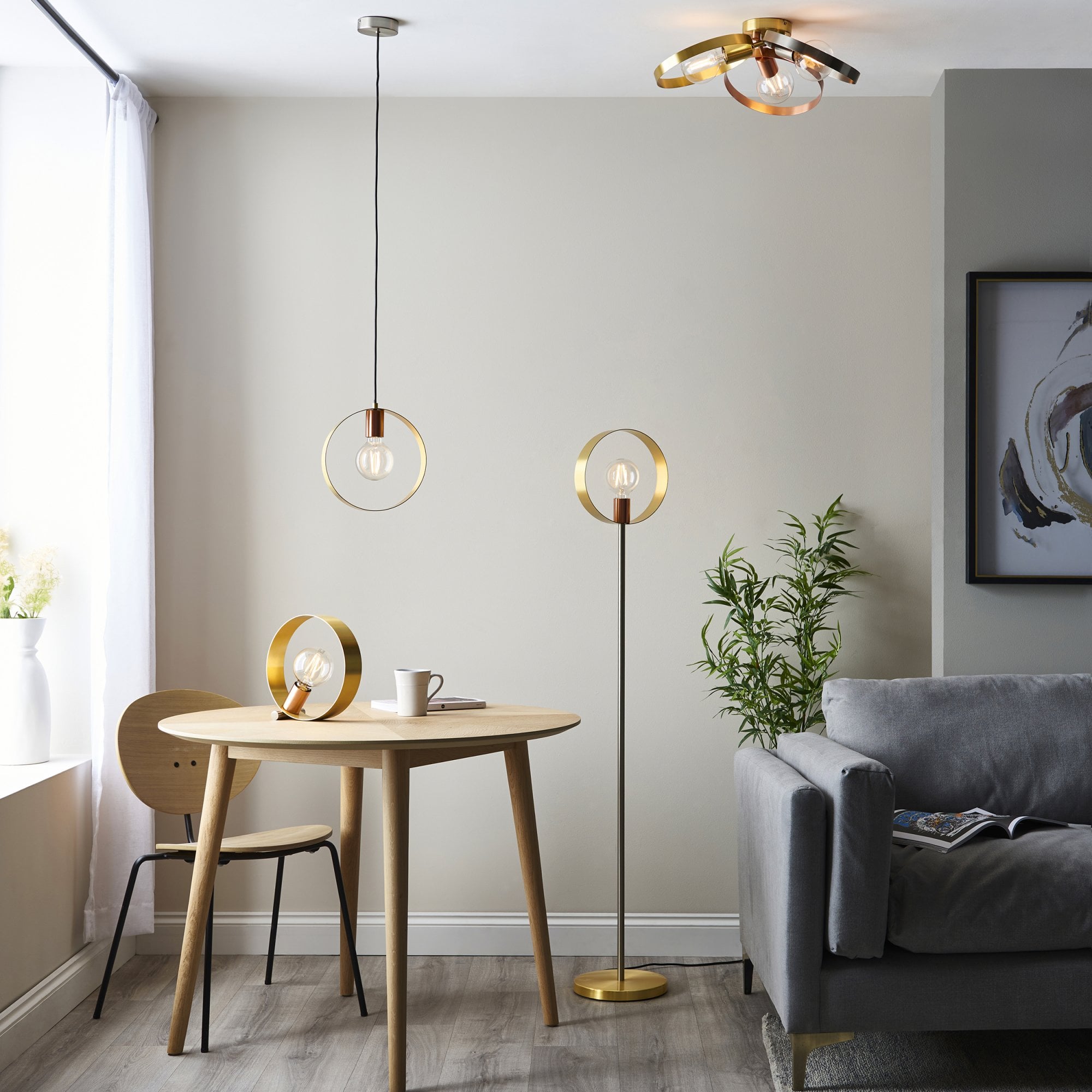 Endon Hoop 3 Light Semi Flush - Brushed Copper, Nickel & Brass
