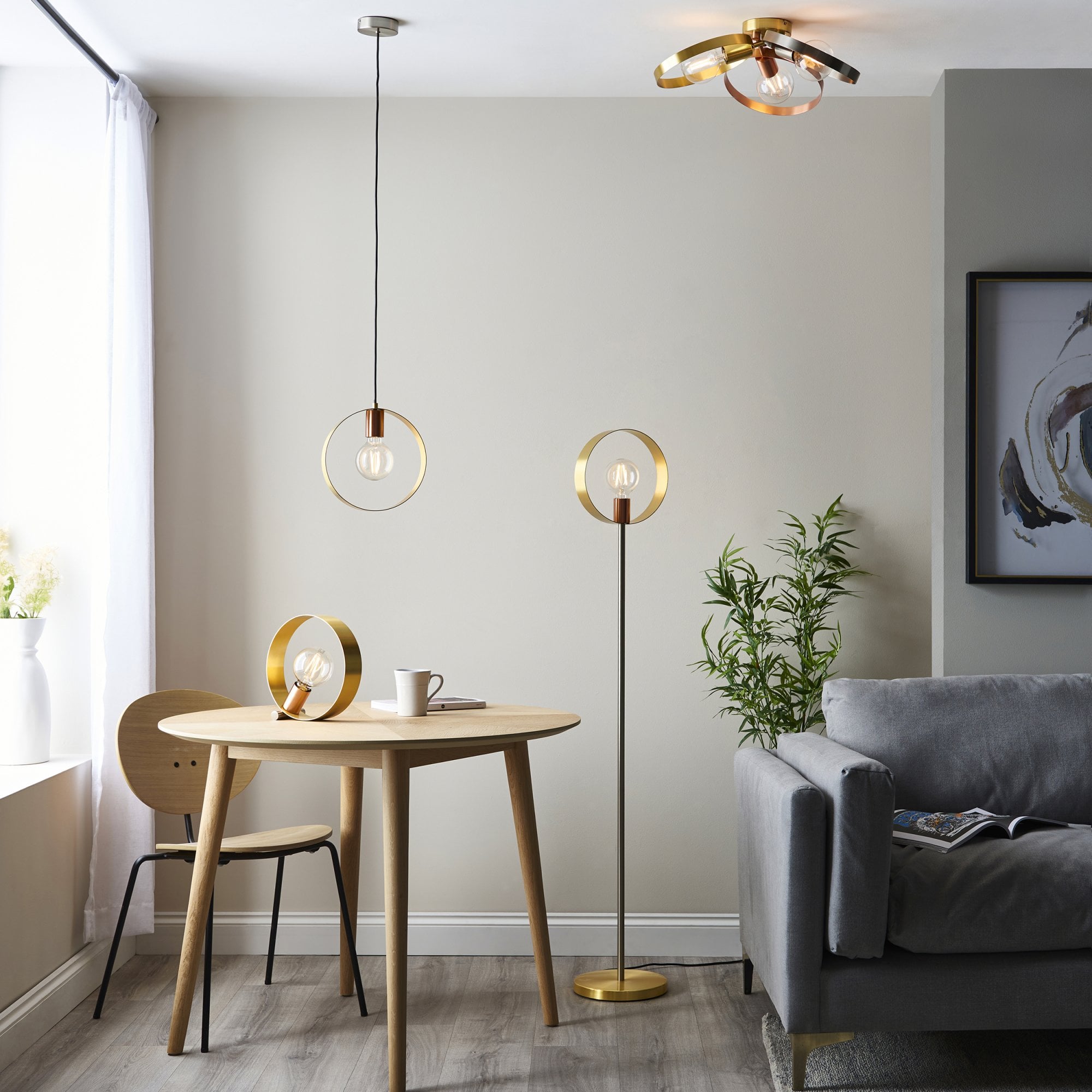 Endon Hoop Single Floor Lamp - Brushed Copper, Nickel & Brass