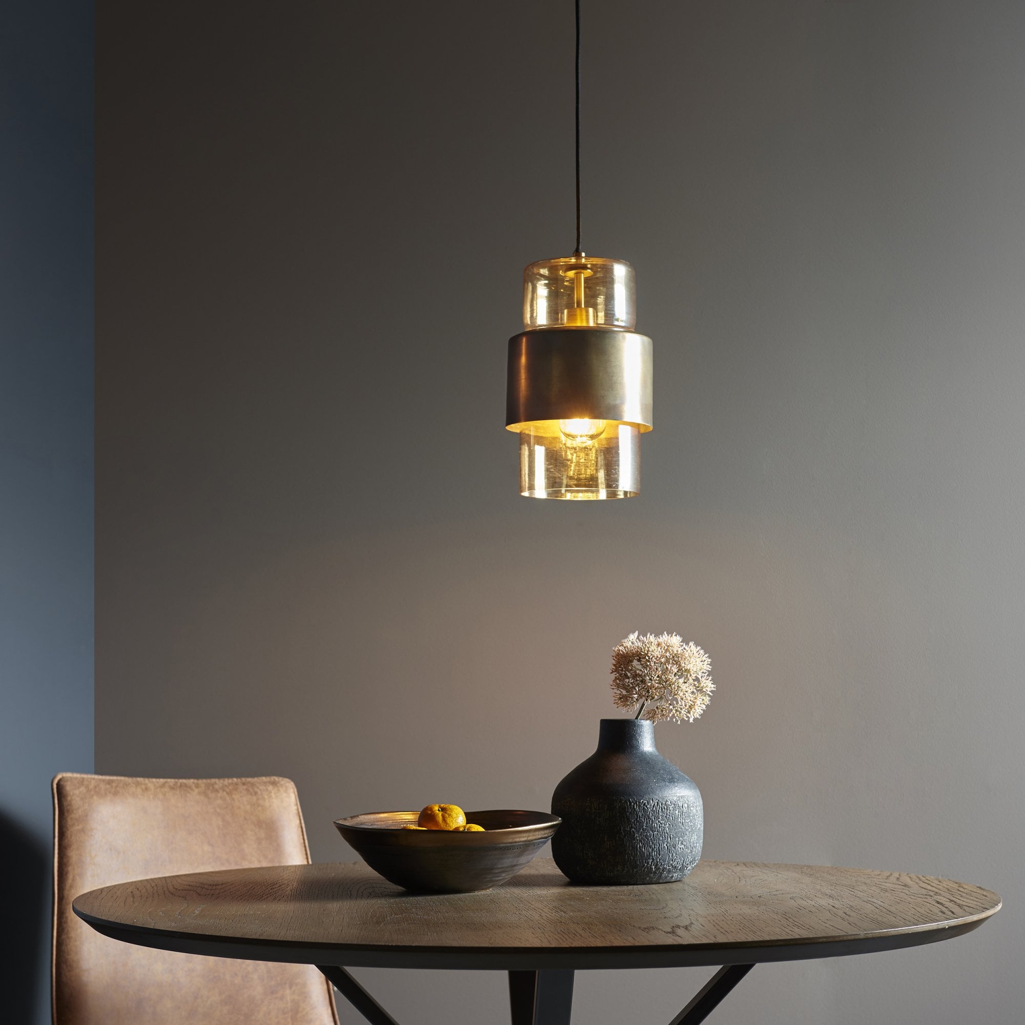 Utopia Swirl Single Pendant - Brass Patina With Champagne Tinted Glass