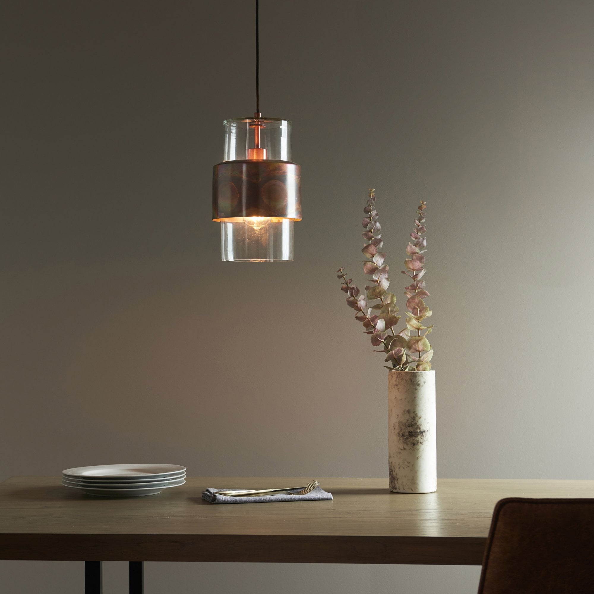 Utopia Swirl Single Pendant - Copper Patina And Clear Glass