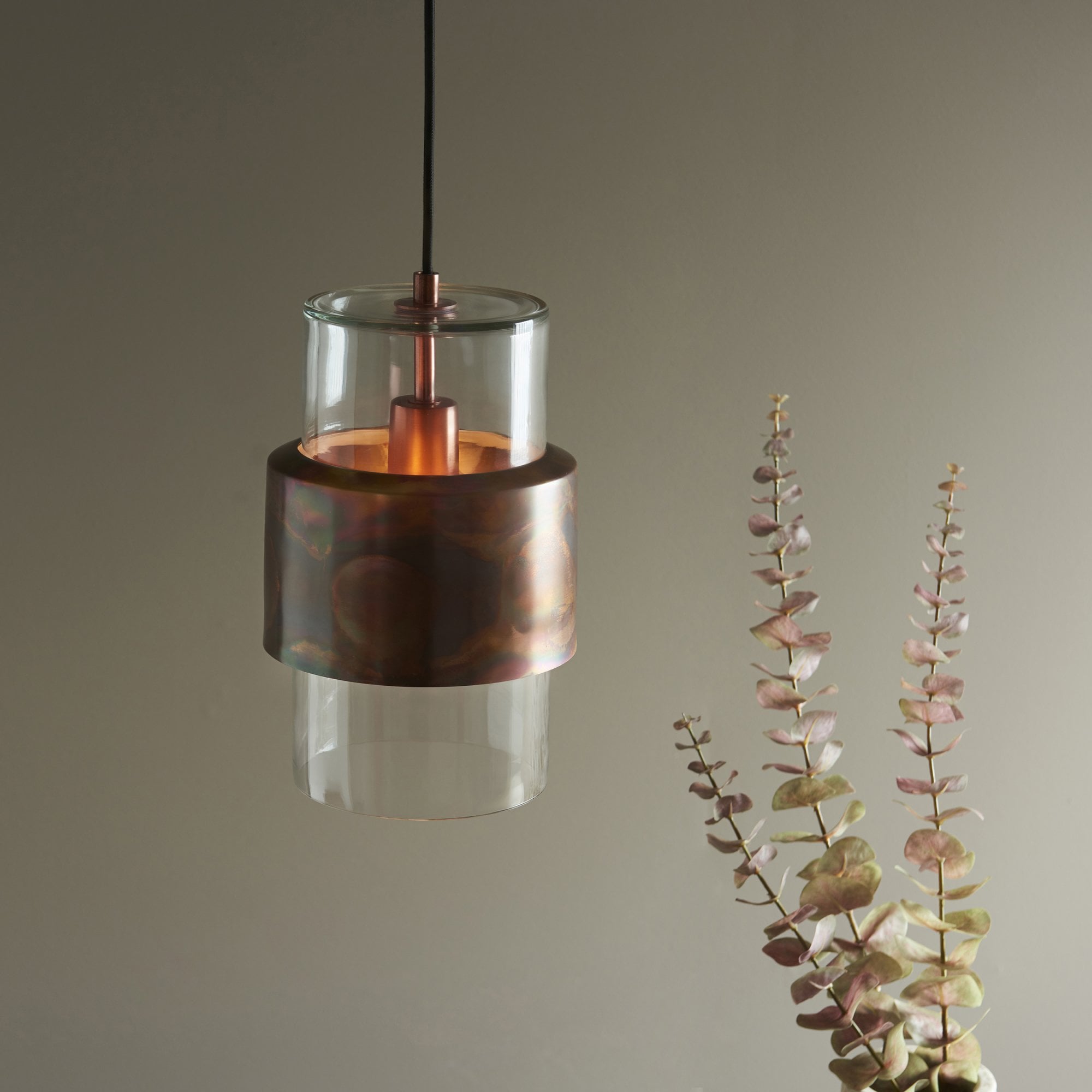 Utopia Swirl Single Pendant - Copper Patina And Clear Glass