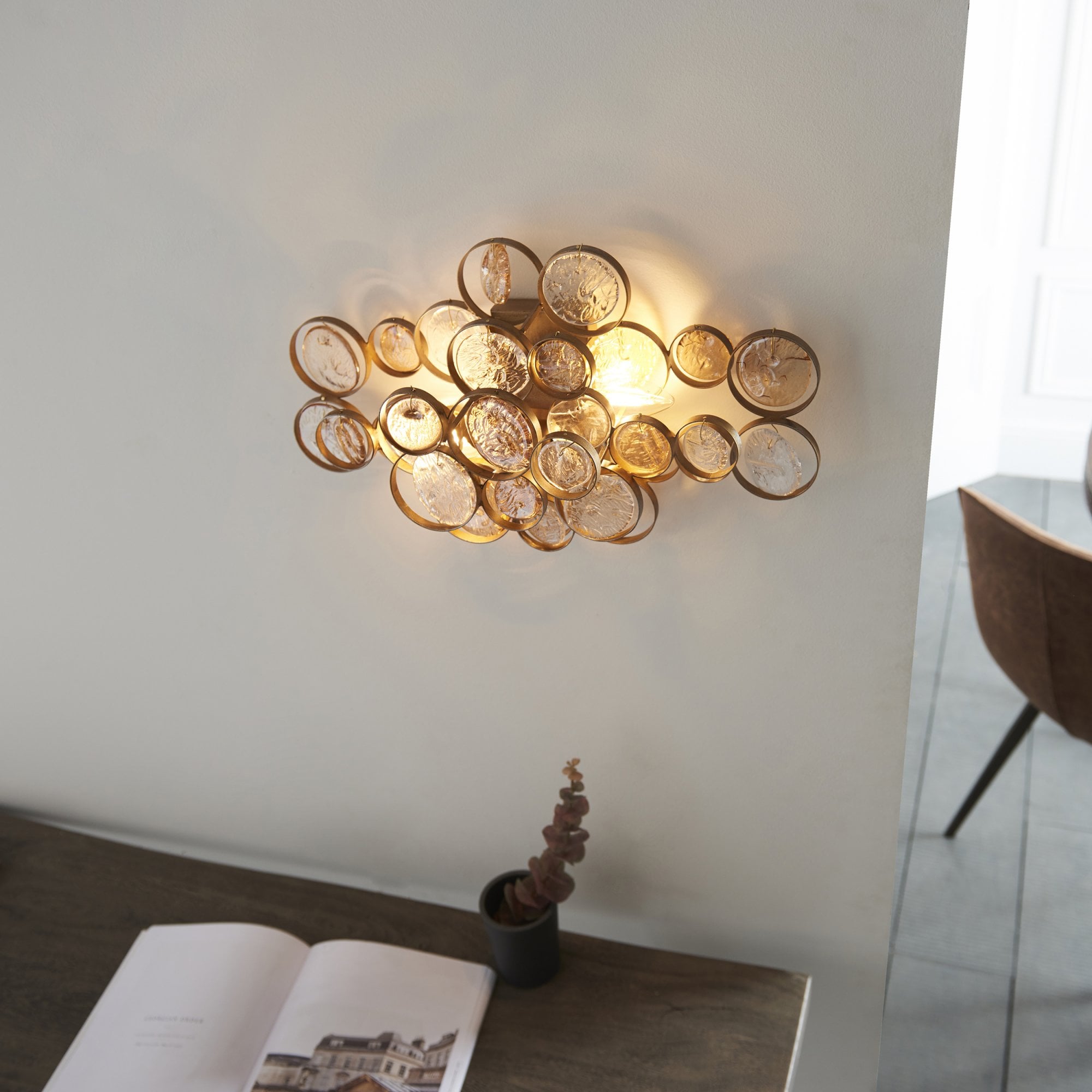 Utopia Penny 2 Light Wall Light - Antique Gold With Clear And Amber Glass