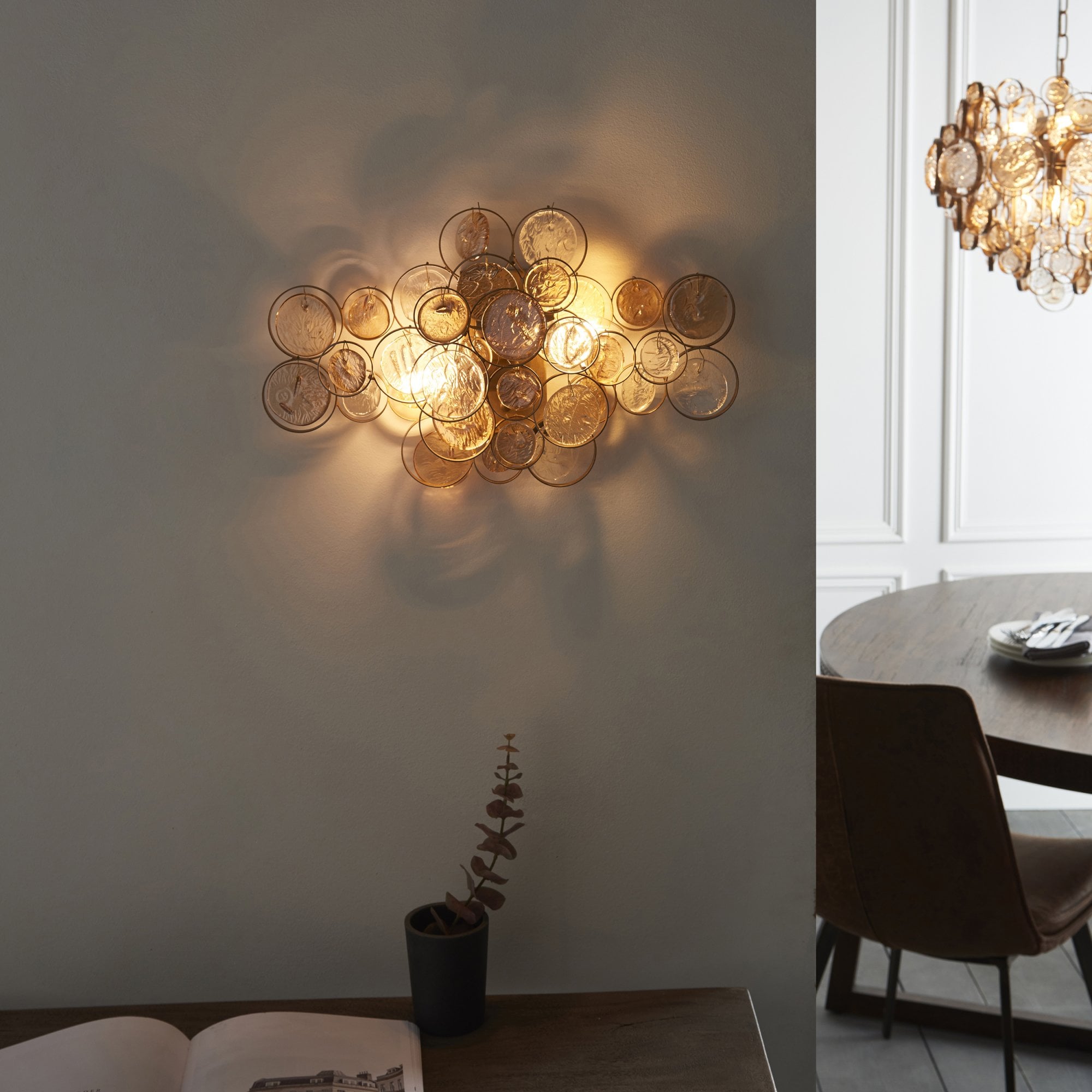 Utopia Penny 2 Light Wall Light - Antique Gold With Clear And Amber Glass