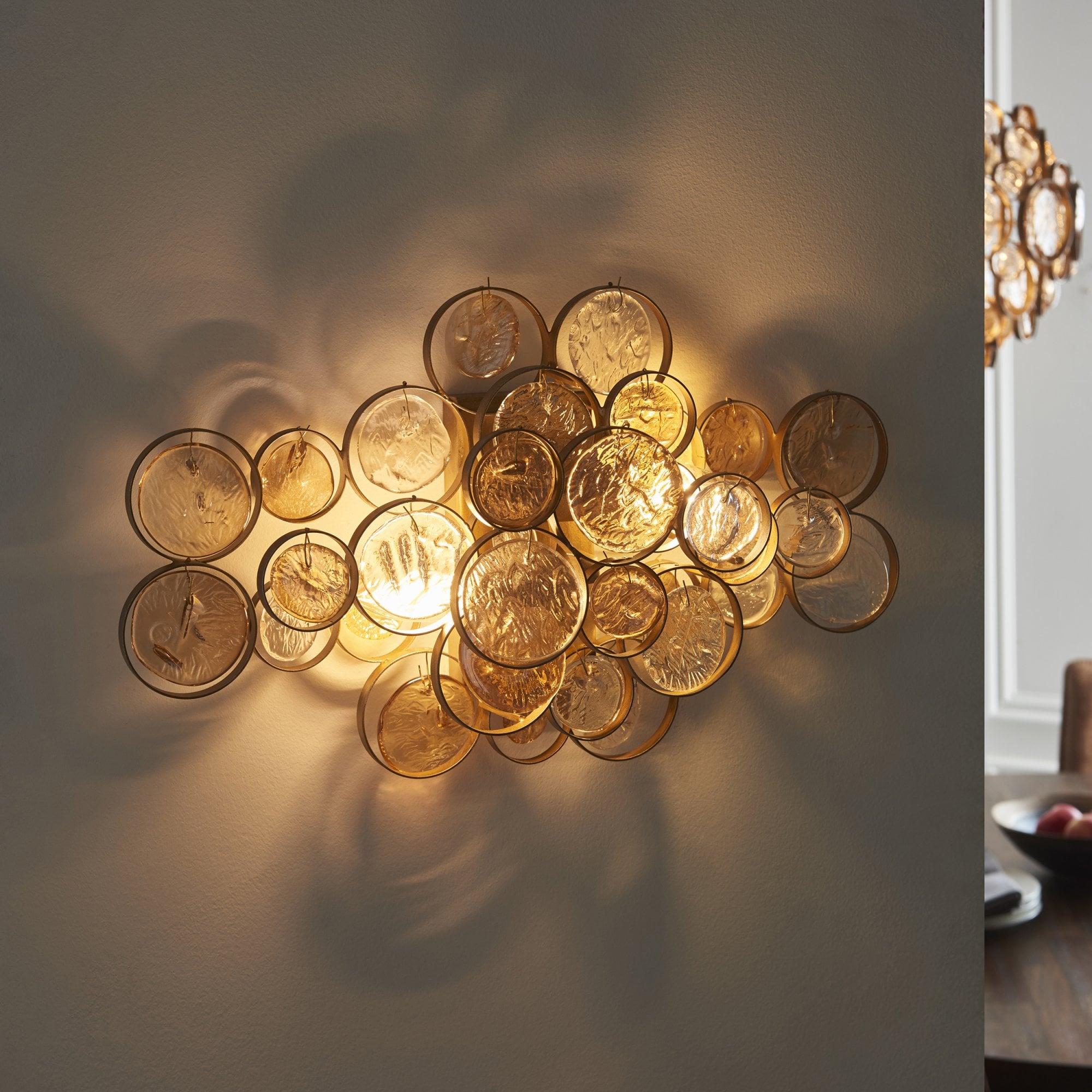 Utopia Penny 2 Light Wall Light - Antique Gold With Clear And Amber Glass