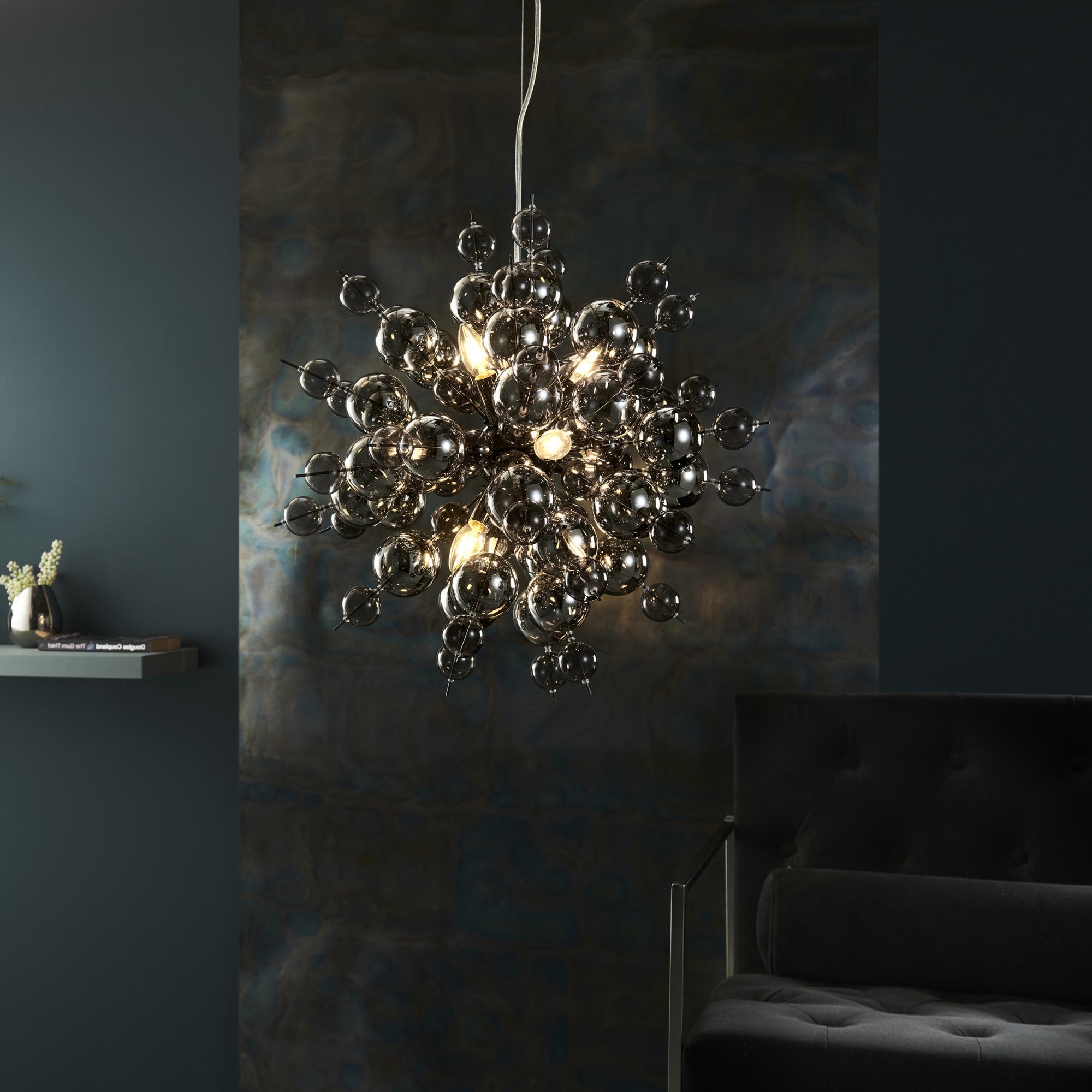 Utopia Bubble 9 Light Pendant Chandelier - Black Chrome With Smoked Mirror And Tinted Glass - 63cm Diameter