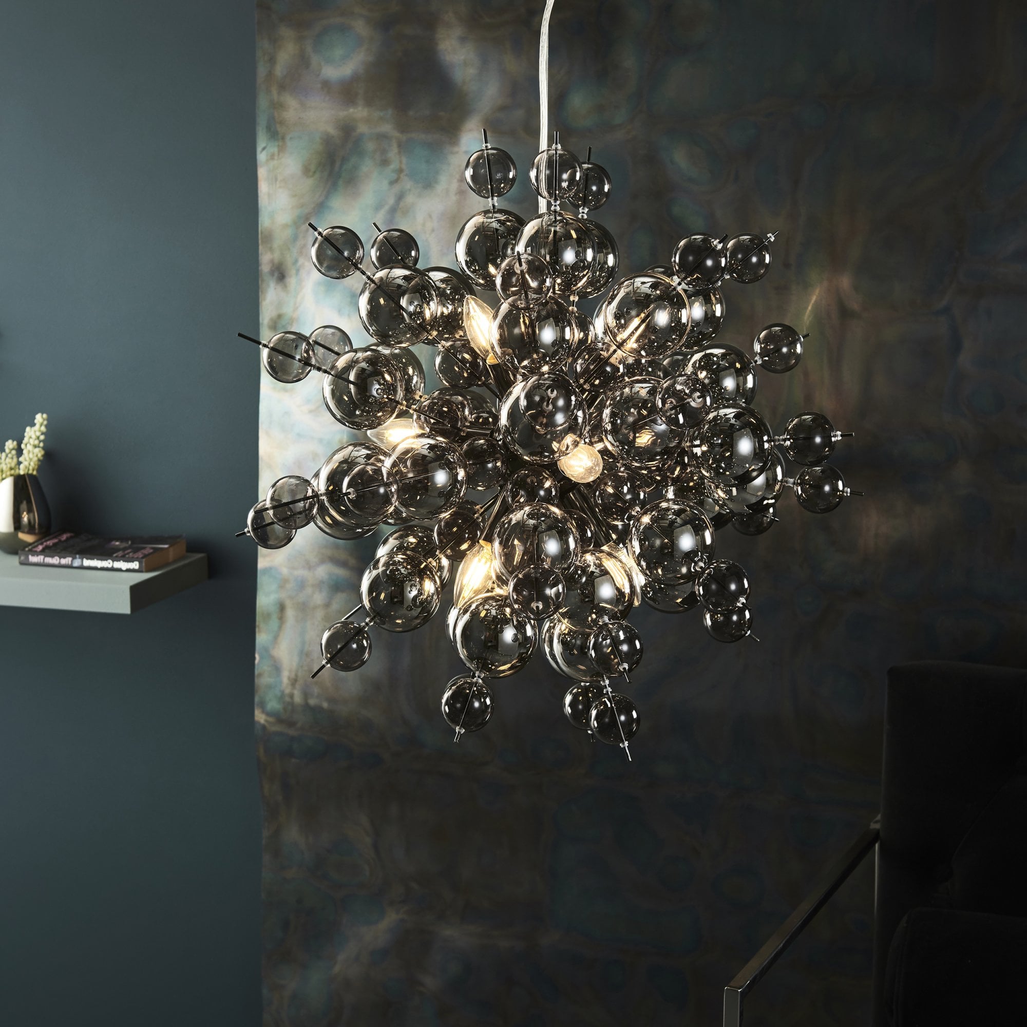 Utopia Bubble 9 Light Pendant Chandelier - Black Chrome With Smoked Mirror And Tinted Glass - 63cm Diameter