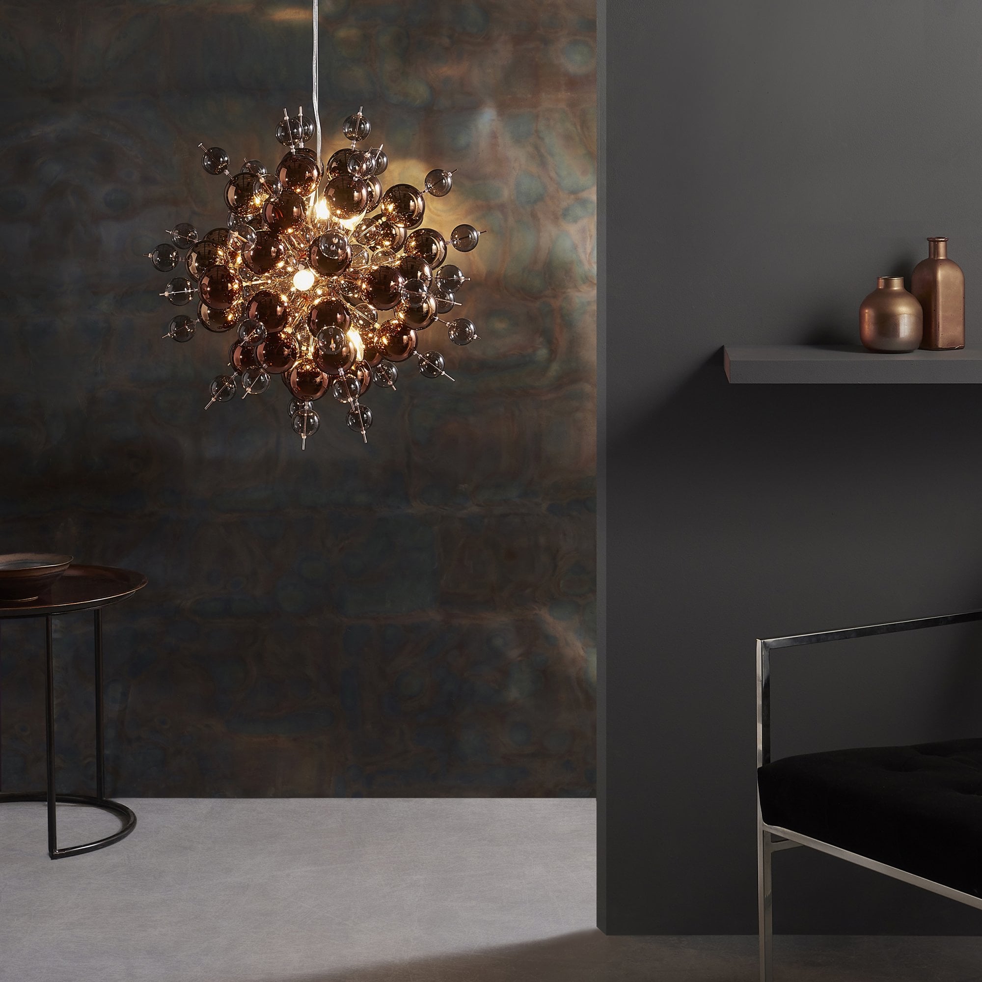 Utopia Bubble 9 Light Pendant Chandelier - Copper With Copper Mirror And Tinted Glass - 63cm Diameter