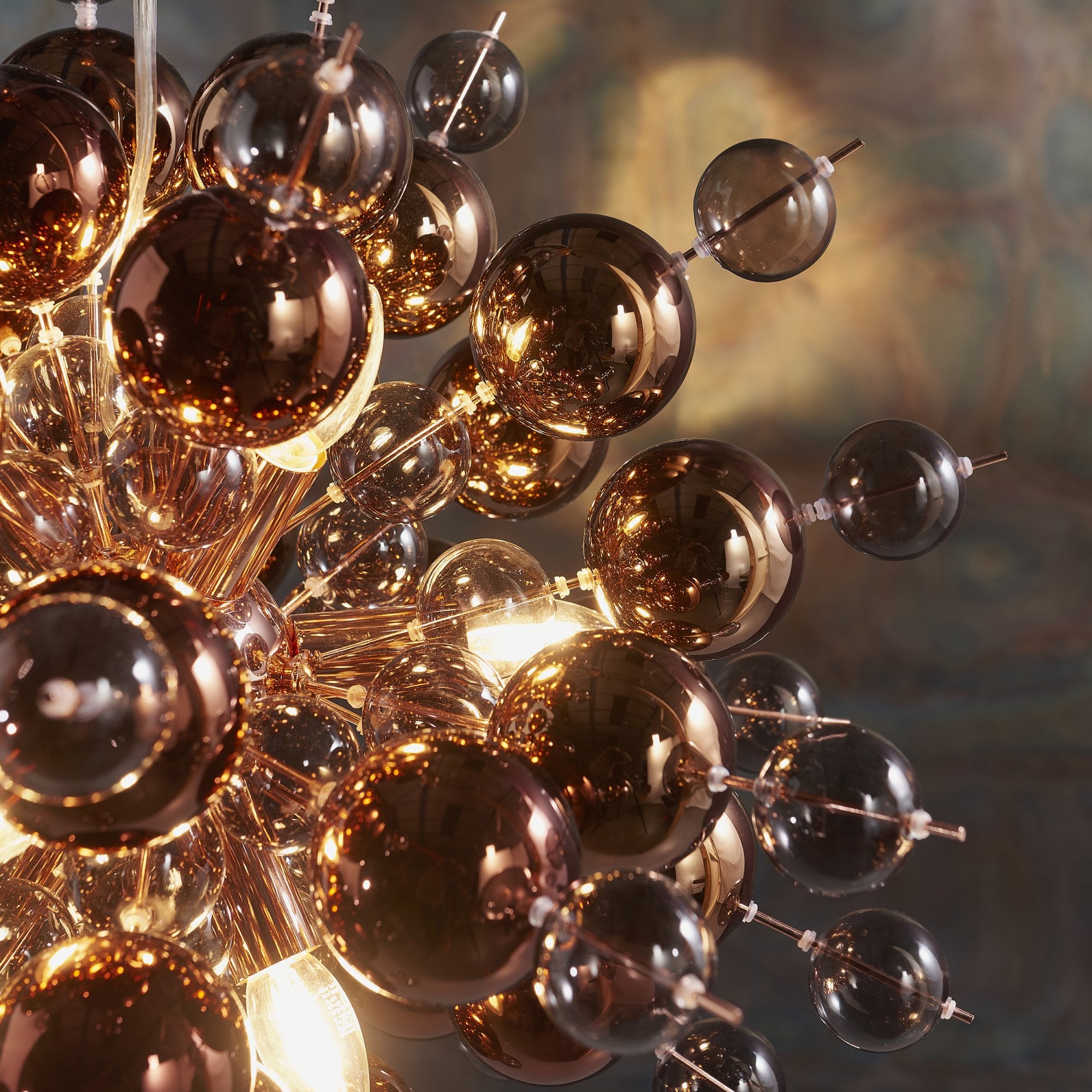 Utopia Bubble 9 Light Pendant Chandelier - Copper With Copper Mirror And Tinted Glass - 63cm Diameter