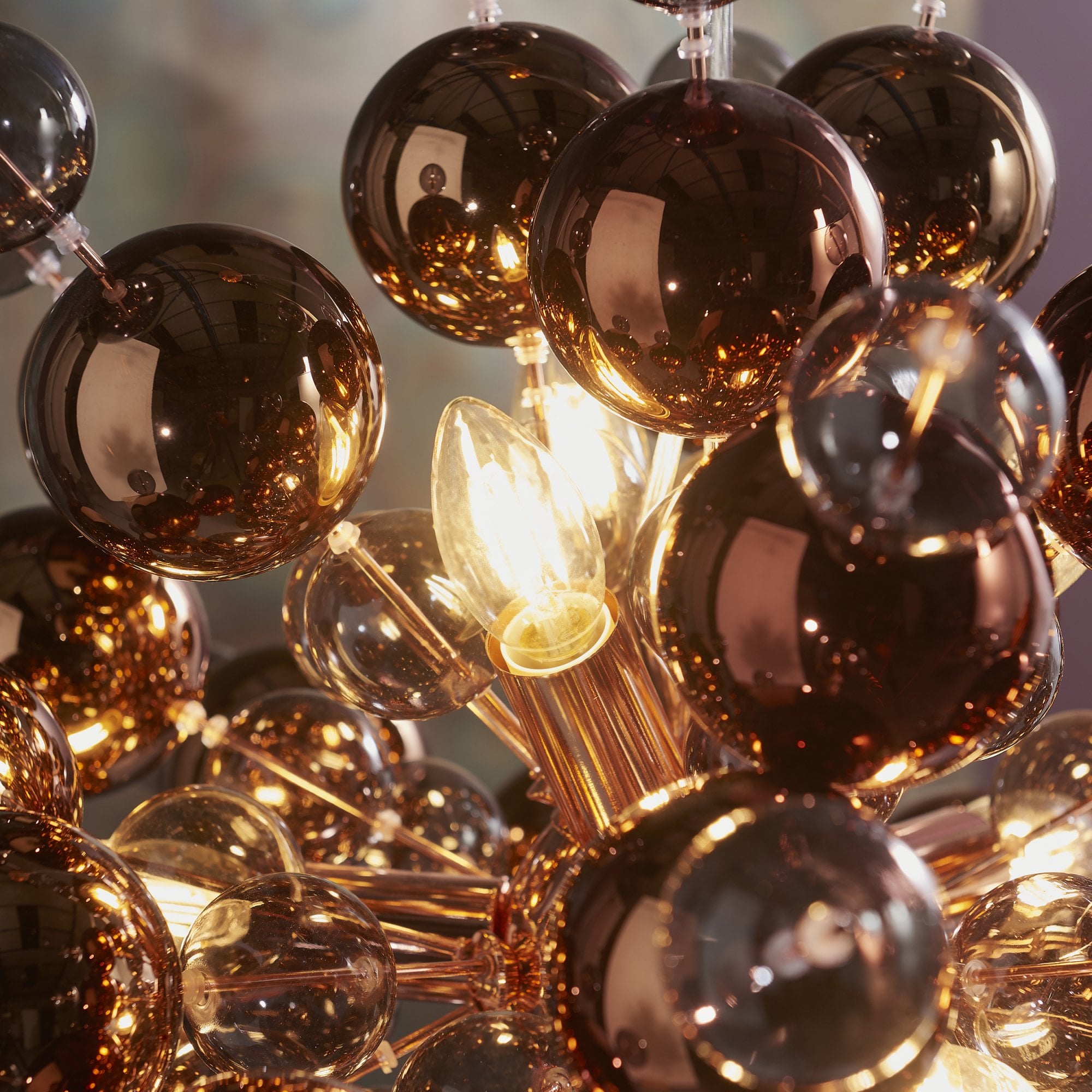 Utopia Bubble 9 Light Pendant Chandelier - Copper With Copper Mirror And Tinted Glass - 63cm Diameter