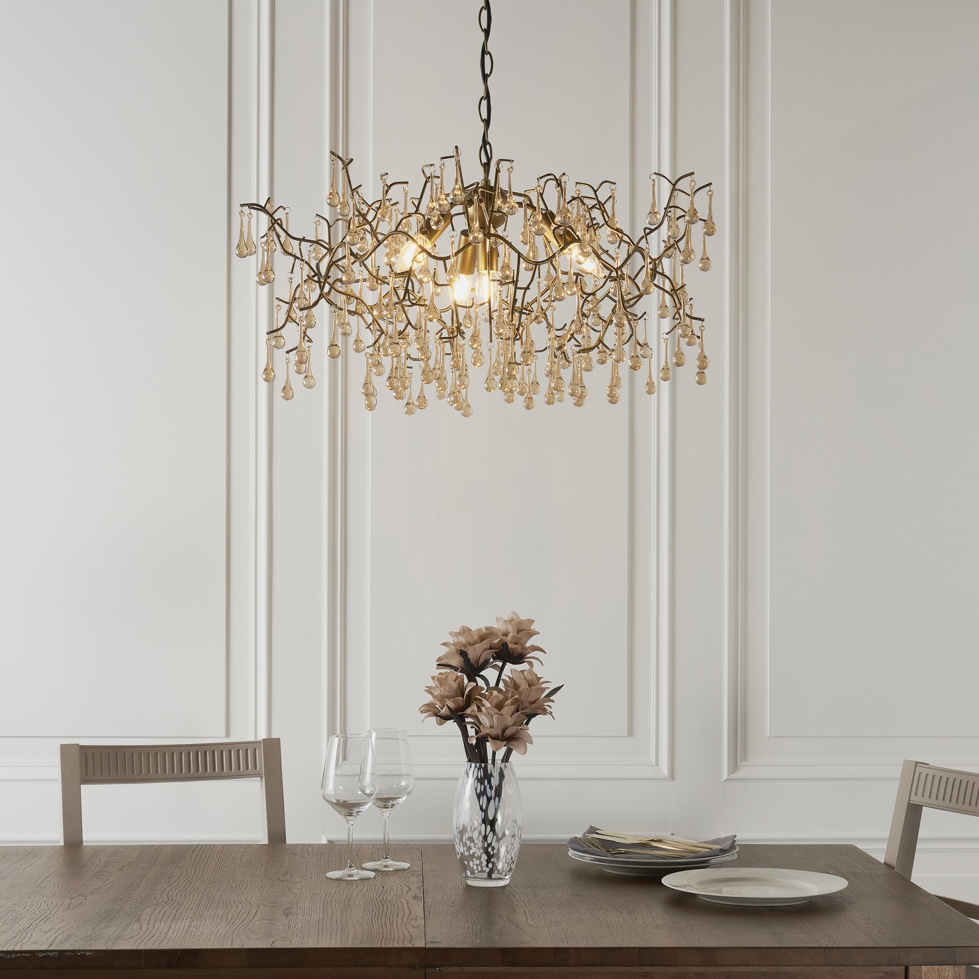 Utopia Drip 4 Light Pendant Chandelier - Aged Gold With Champagne Tinted Glass - 75cm Diameter
