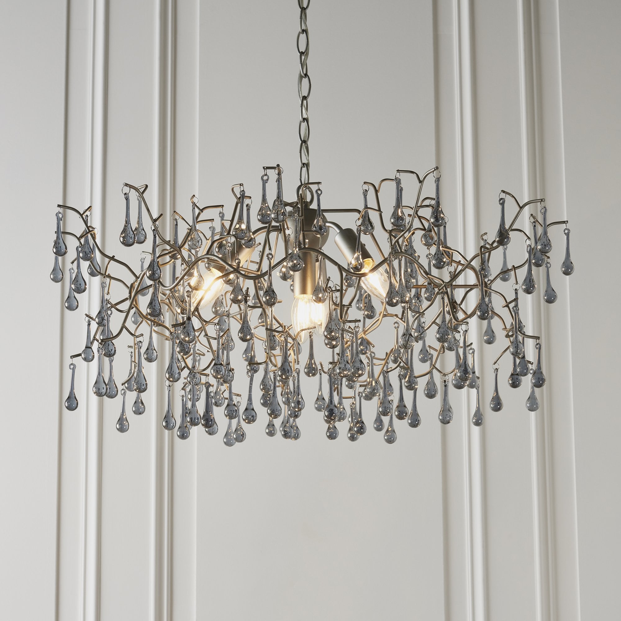 Utopia Drip 4 Light Pendant Chandelier - Aged Silver With Smoked Grey Tinted Glass - 75cm Diameter