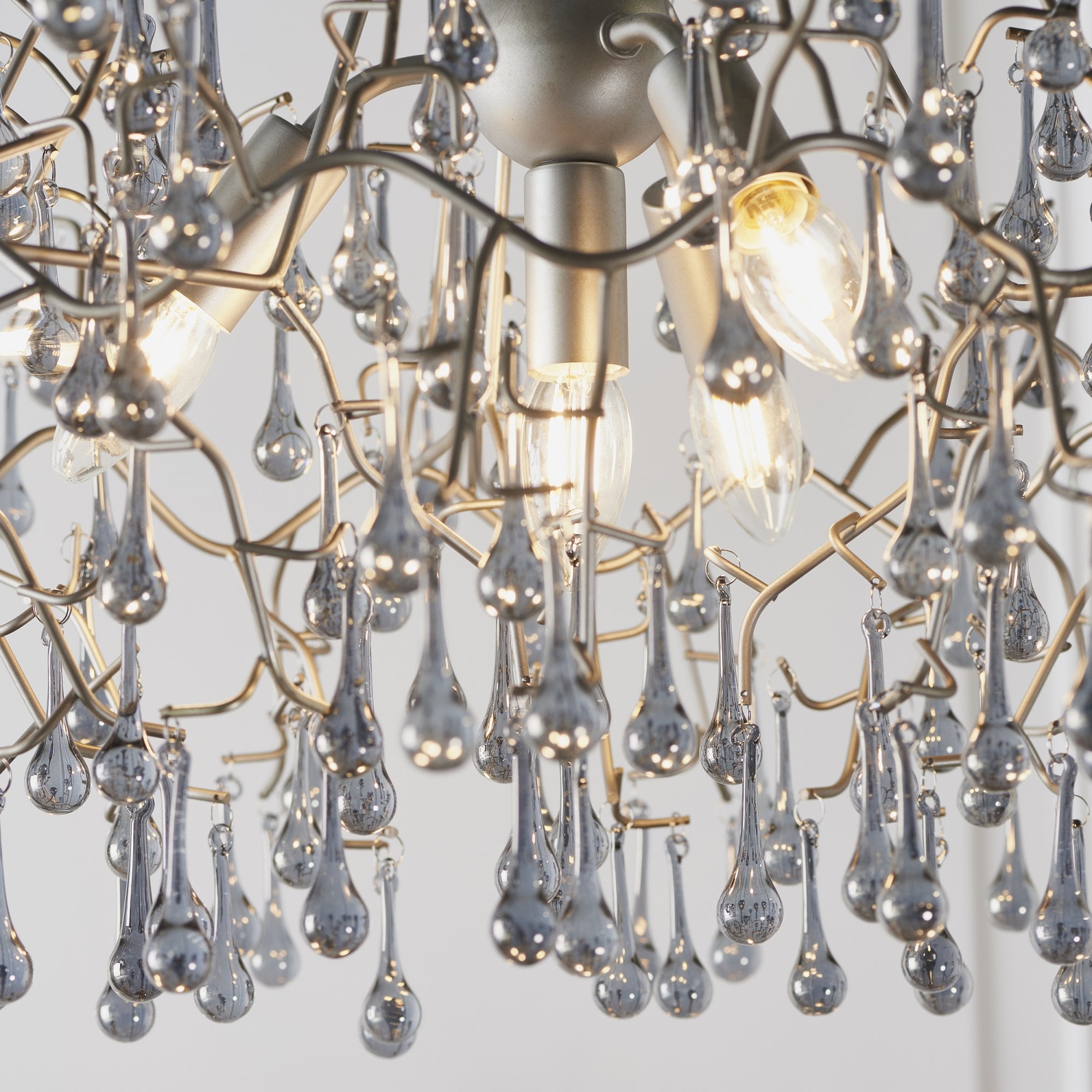 Utopia Drip 4 Light Pendant Chandelier - Aged Silver With Smoked Grey Tinted Glass - 75cm Diameter