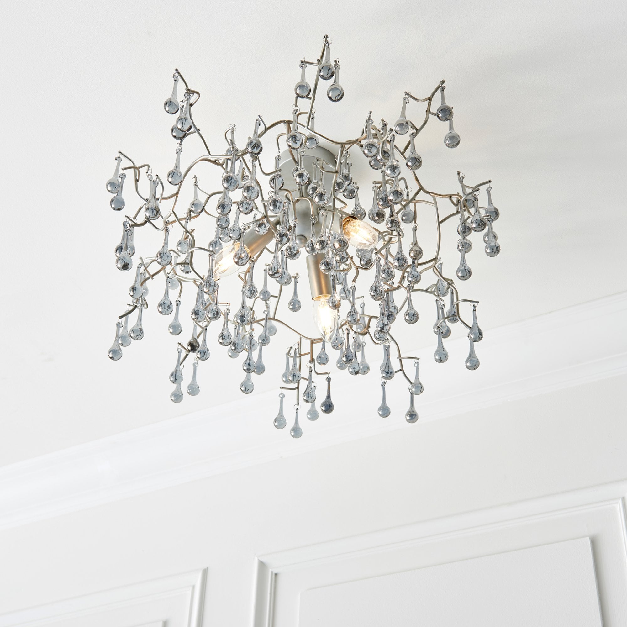 Utopia Drip 3 Light Semi Flush Fitting - Aged Silver With Smoked Grey Tinted Glass - 55cm Diameter