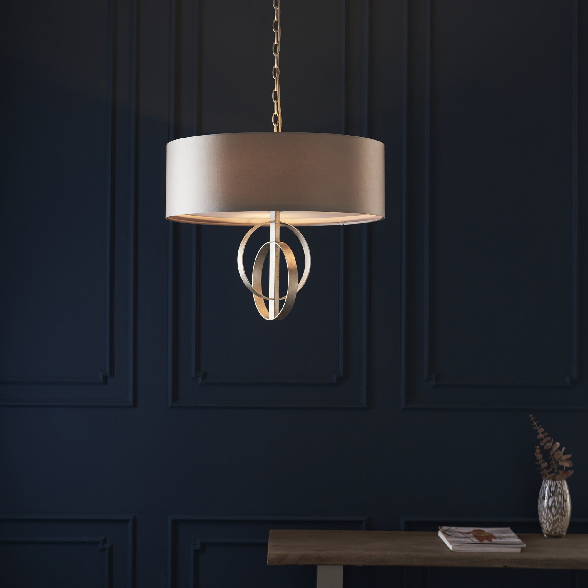 Utopia Interlink 5 Light Pendant - Antique Silver Leaf With Mink Shade - 70cm Diameter