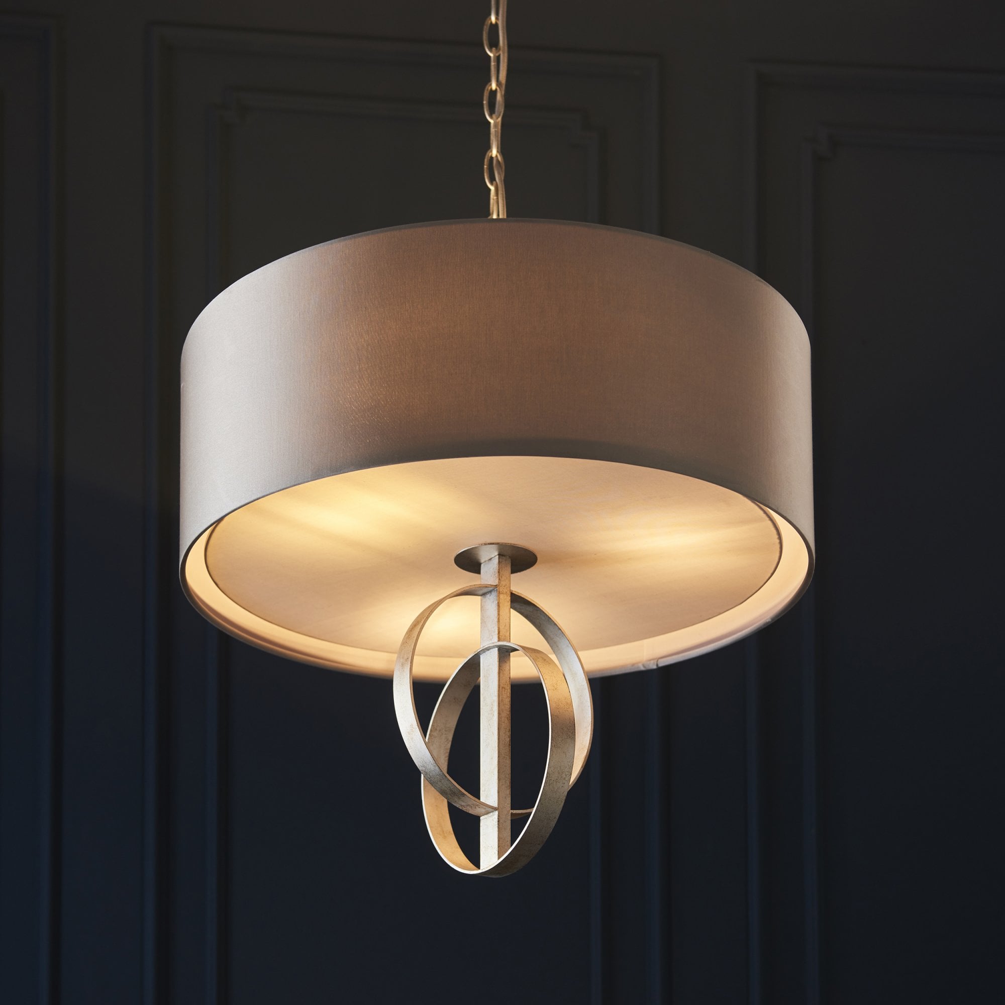Utopia Interlink 5 Light Pendant - Antique Silver Leaf With Mink Shade - 70cm Diameter
