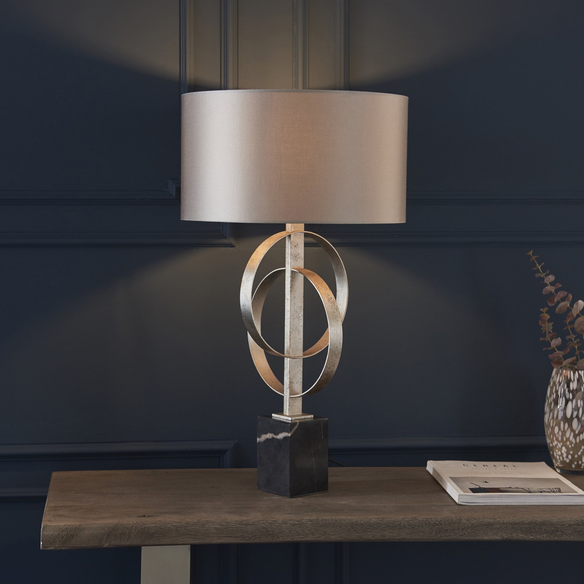 Utopia Interlink Table Lamp - Antique Silver Leaf With Mink Shade
