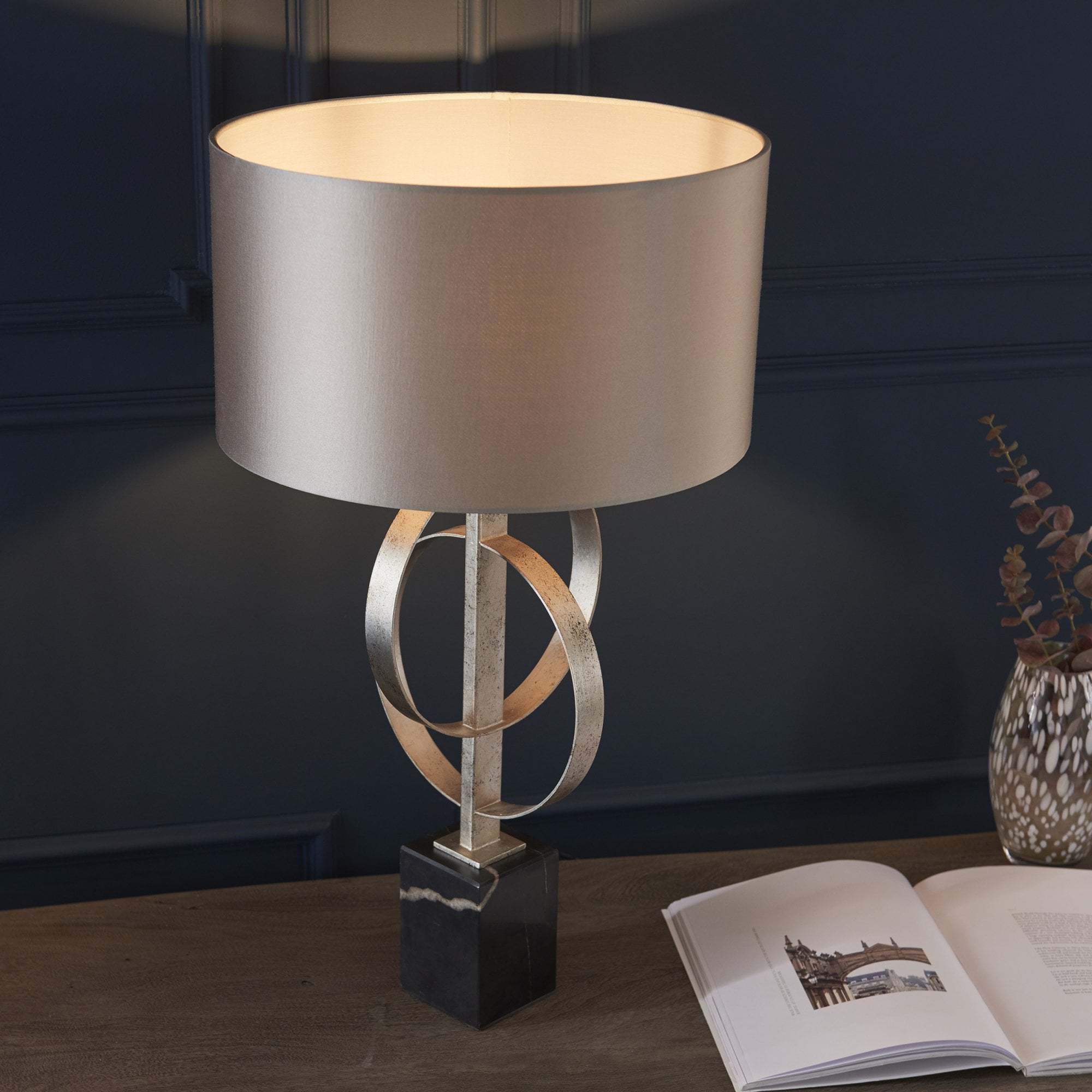 Utopia Interlink Table Lamp - Antique Silver Leaf With Mink Shade