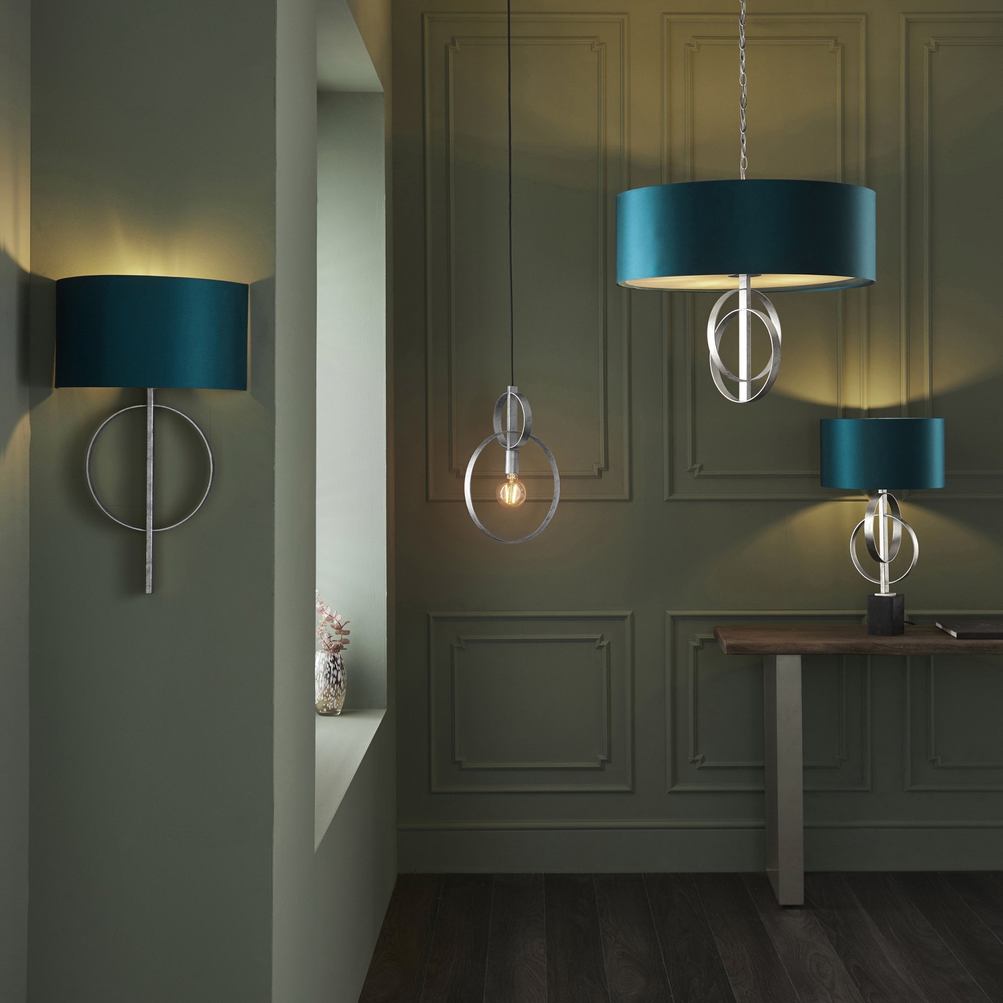 Utopia Interlink Wall Light - Antique Silver Leaf With Teal Shade