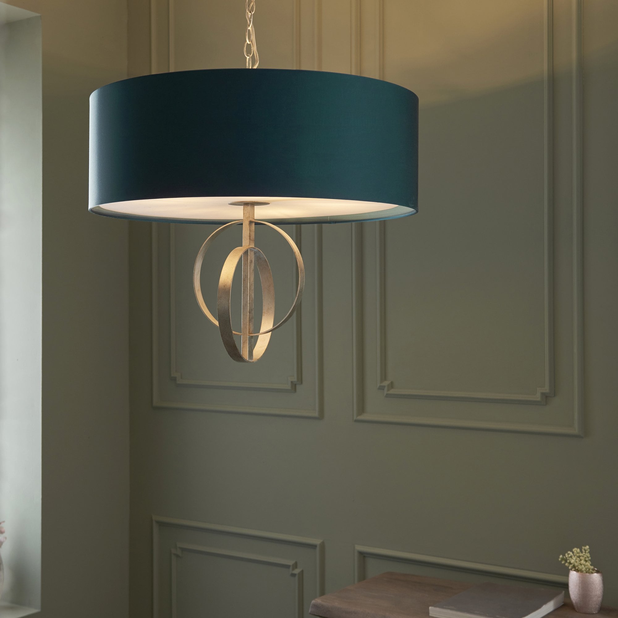 Utopia Interlink 5 Light Pendant - Antique Silver Leaf With Teal Shade - 70cm Diameter