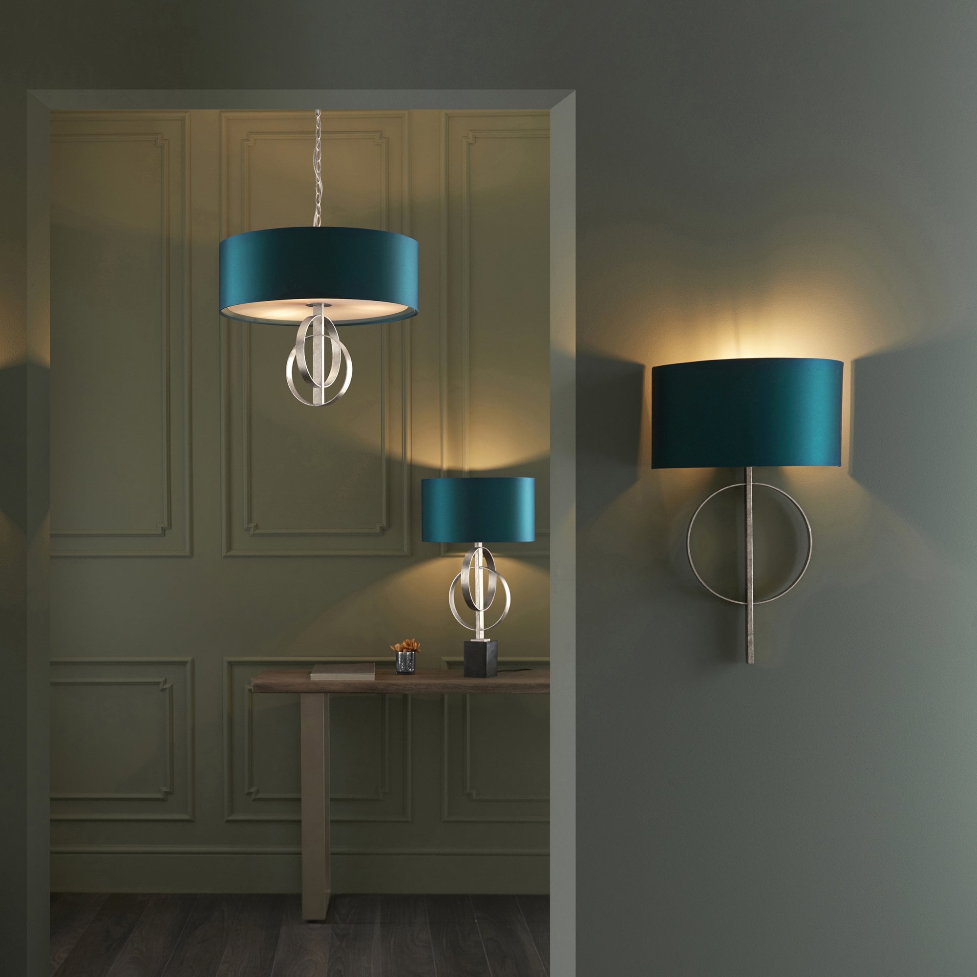 Utopia Interlink 3 Light Pendant - Antique Silver Leaf With Teal Shade - 60cm Diameter