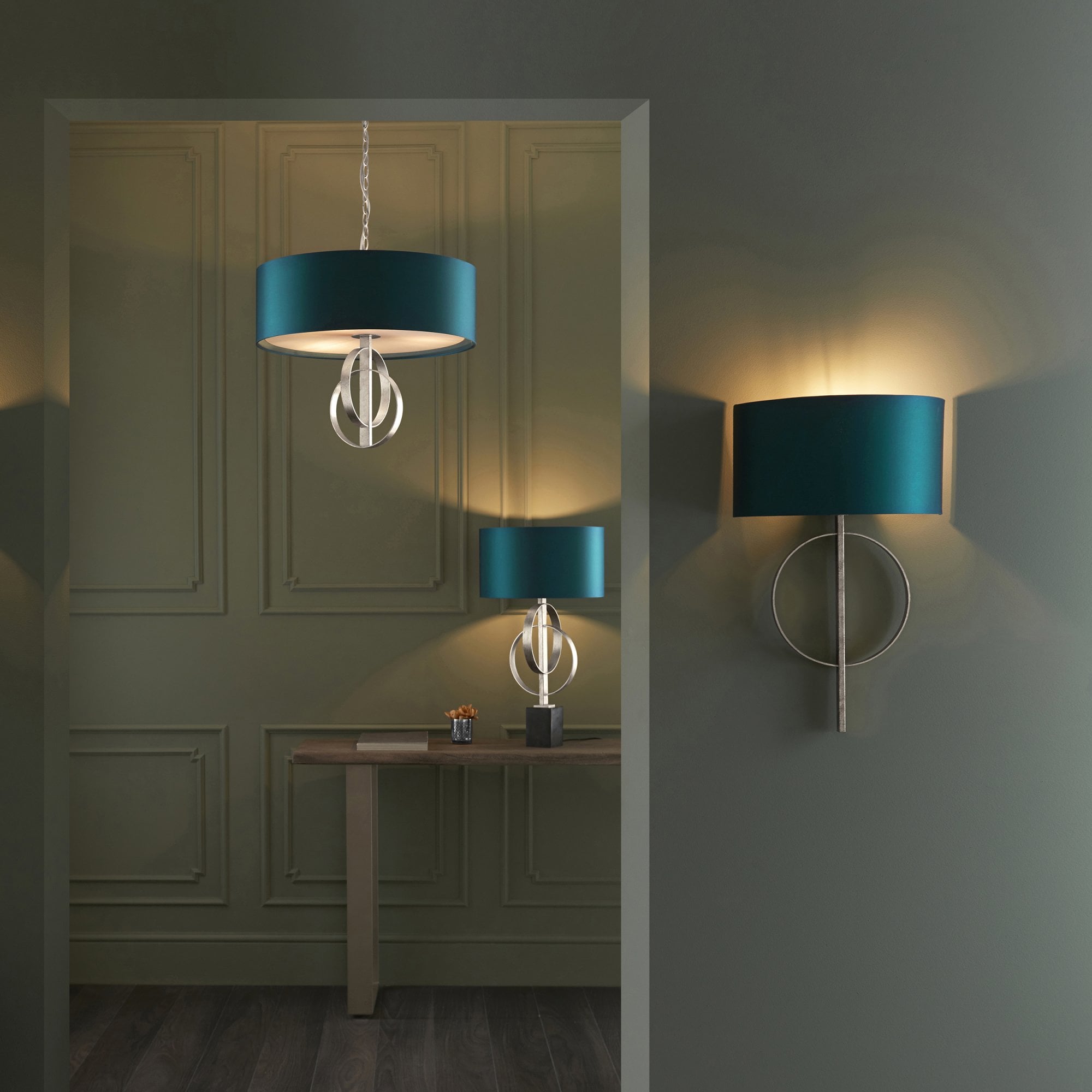 Utopia Interlink Table Lamp - Antique Silver Leaf With Teal Shade