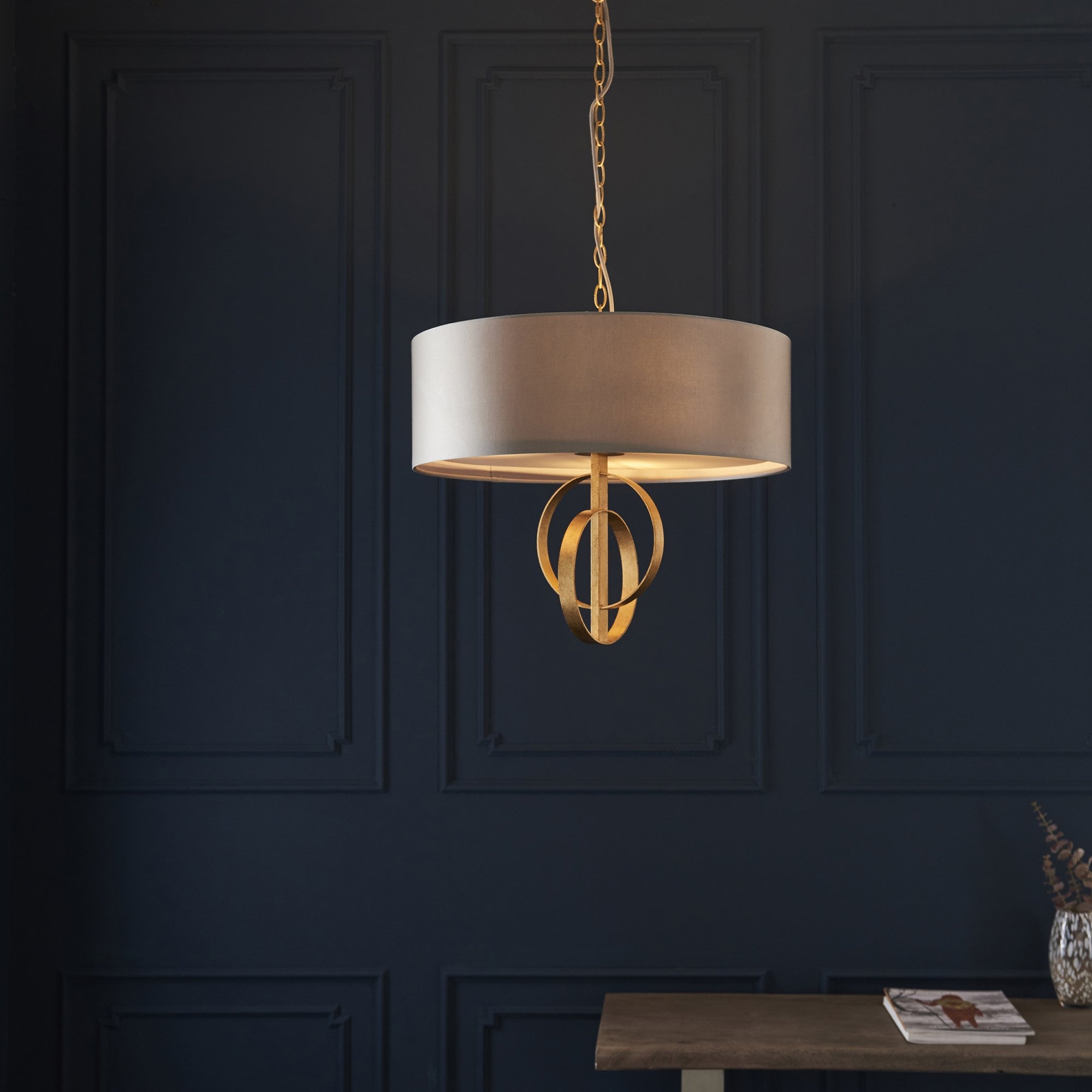 Utopia Interlink 3 Light Pendant - Antique Gold With Mink Shade - 60cm Diameter