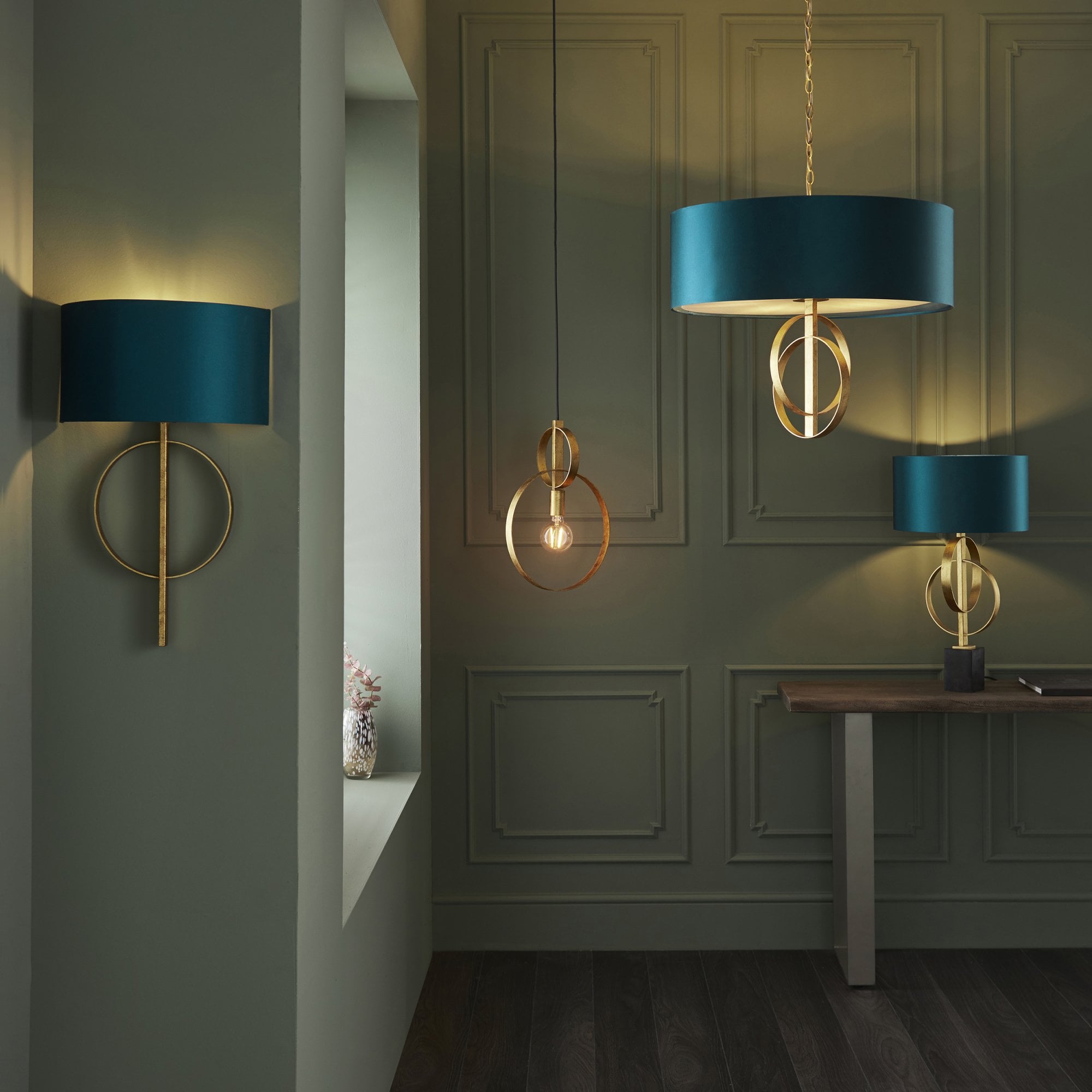 Utopia Interlink Table Lamp - Antique Gold With Teal Shade