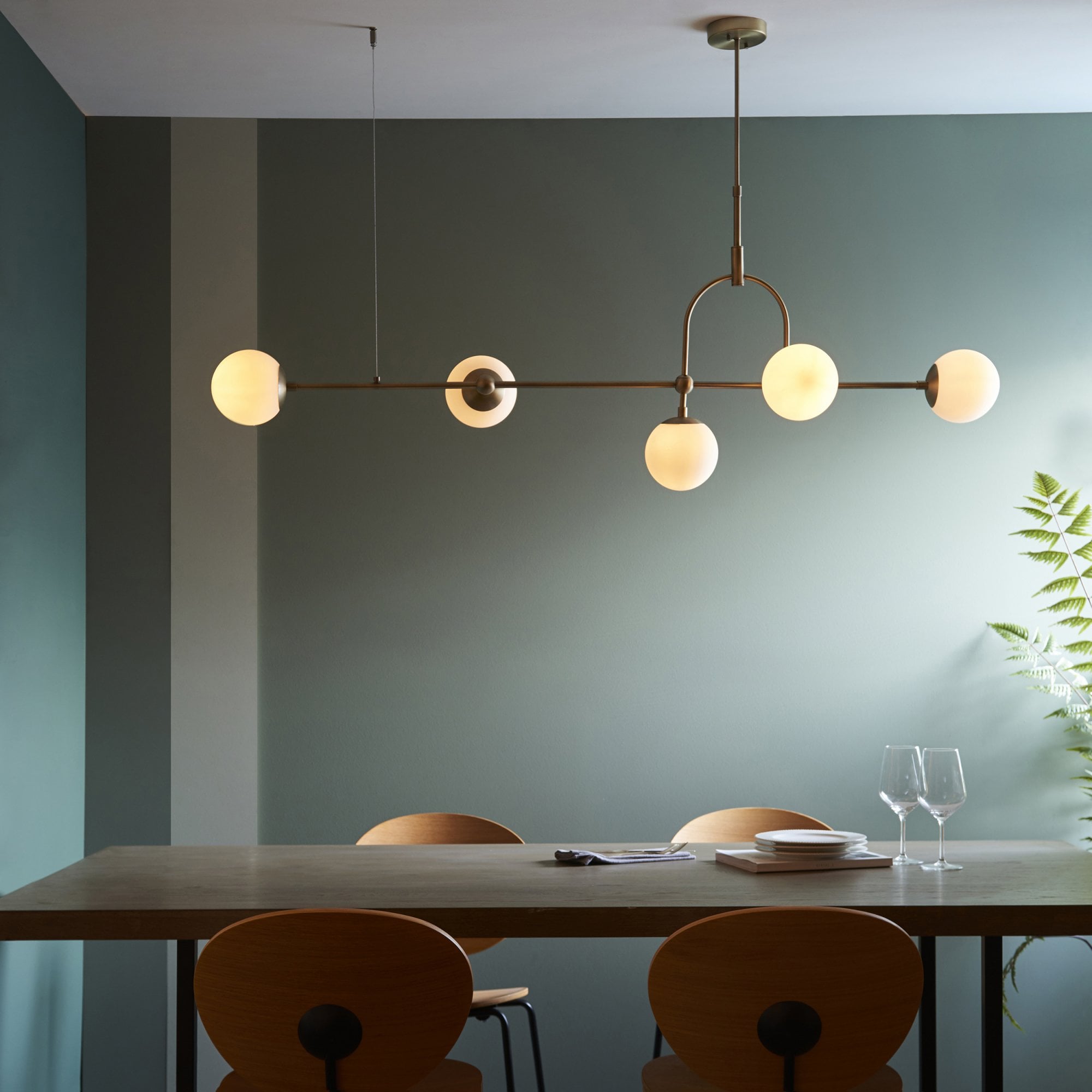 Utopia Sphere 5 Light Linear Pendant - Antique Brass - Length 162cm