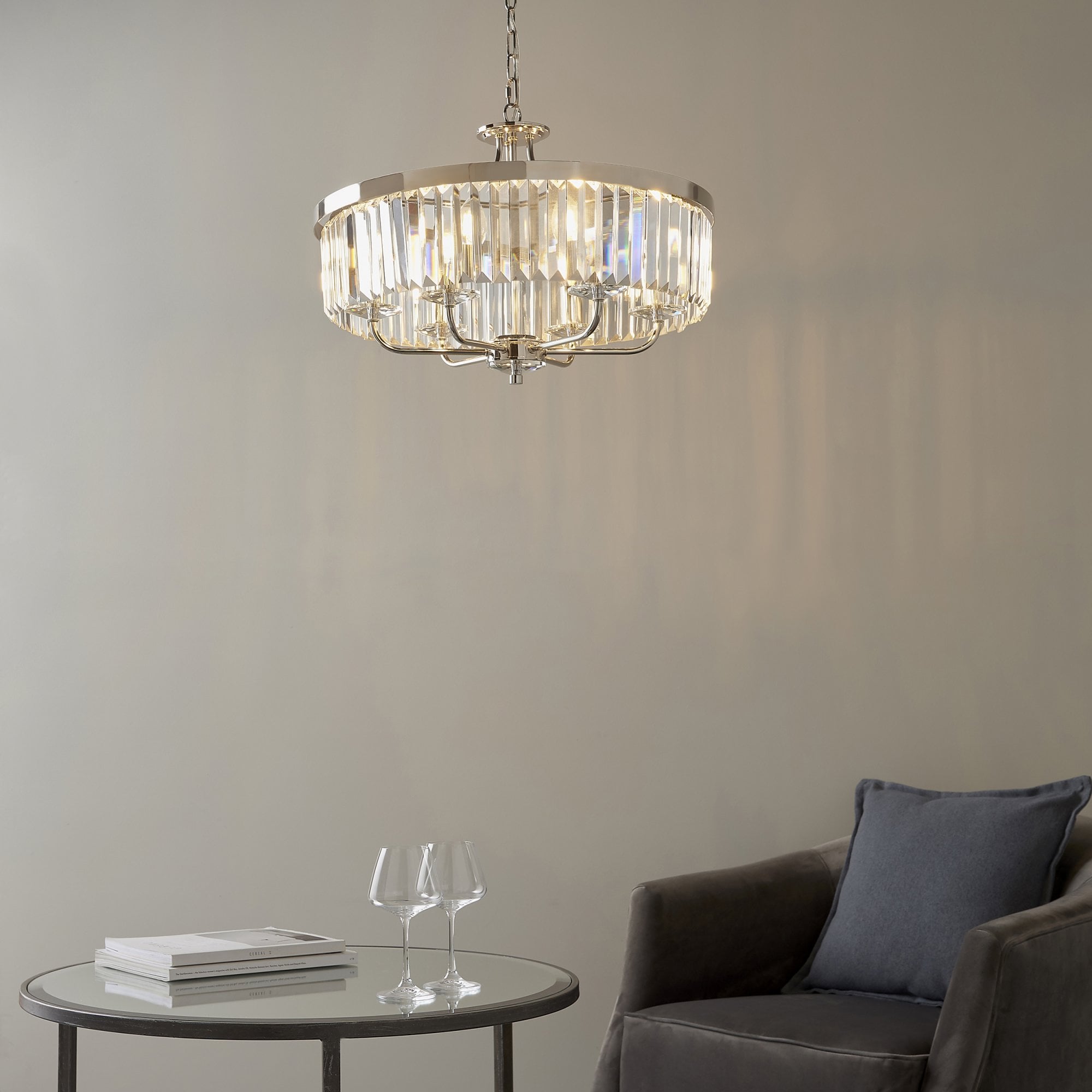 Utopia Martini 6 Light Pendant Chandelier - Bright Nickel And Clear Glass - 55cm Diameter