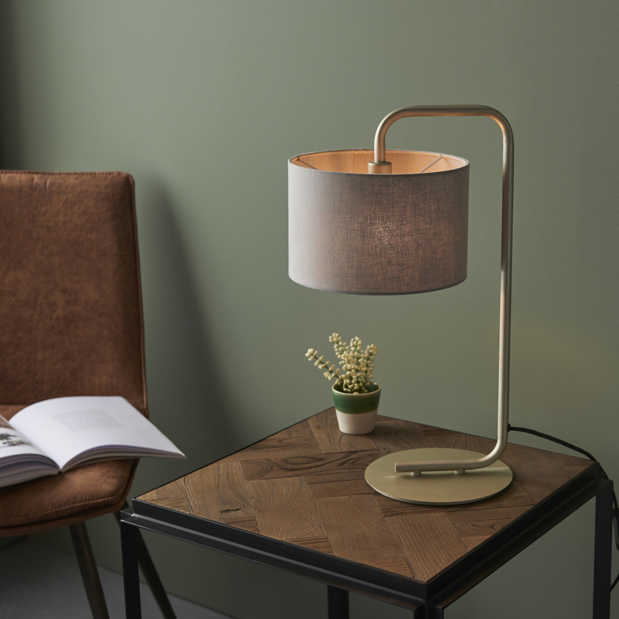Utopia The Modern Table Lamp - Satin Champagne With Slate Grey Shade