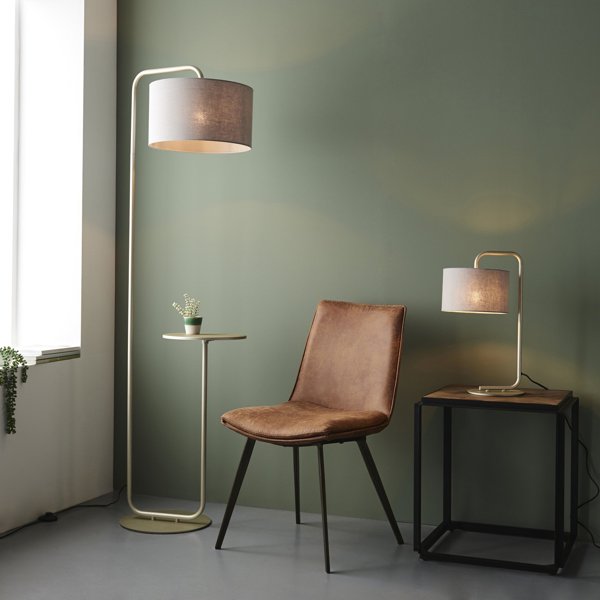 Utopia The Modern Table Lamp - Satin Champagne With Slate Grey Shade
