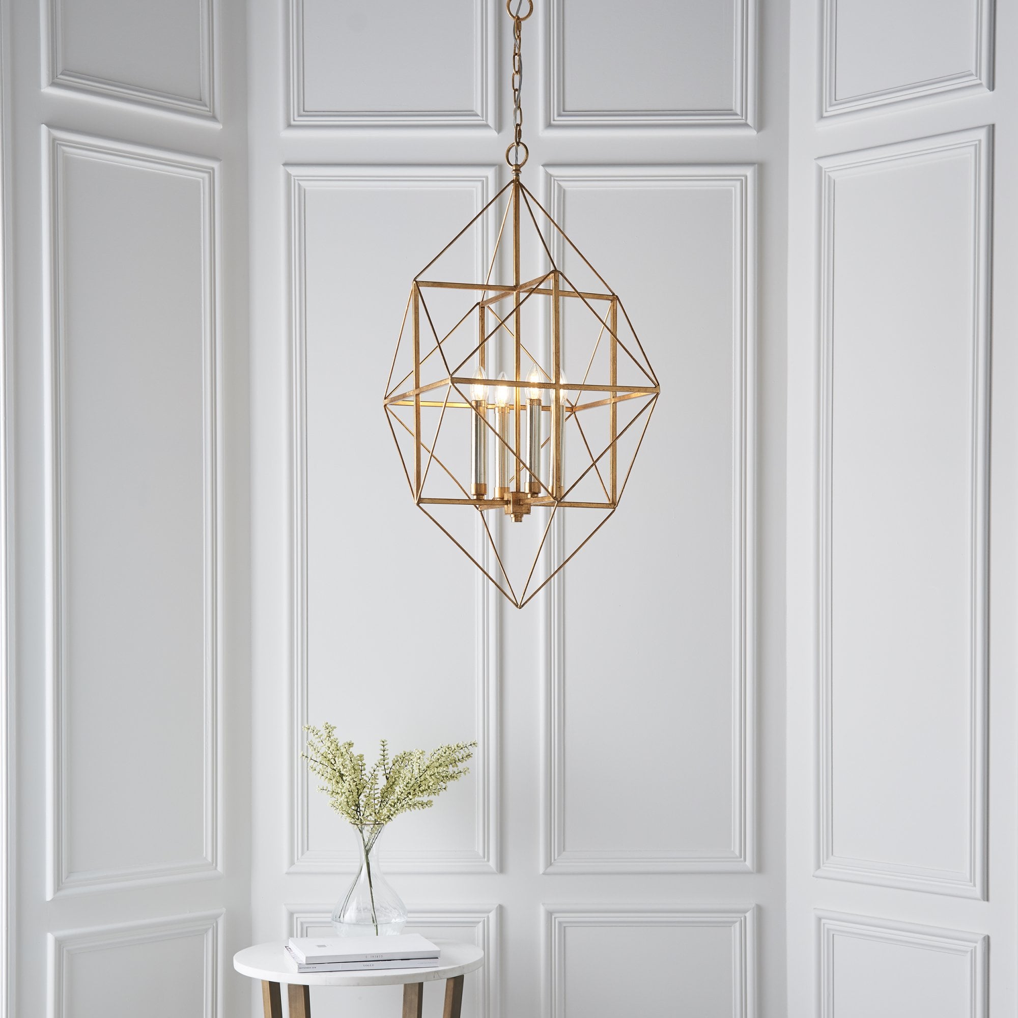 Utopia Frame 4 Light Pendant - Antique Gold With Silver Leaf - 57cm Diameter