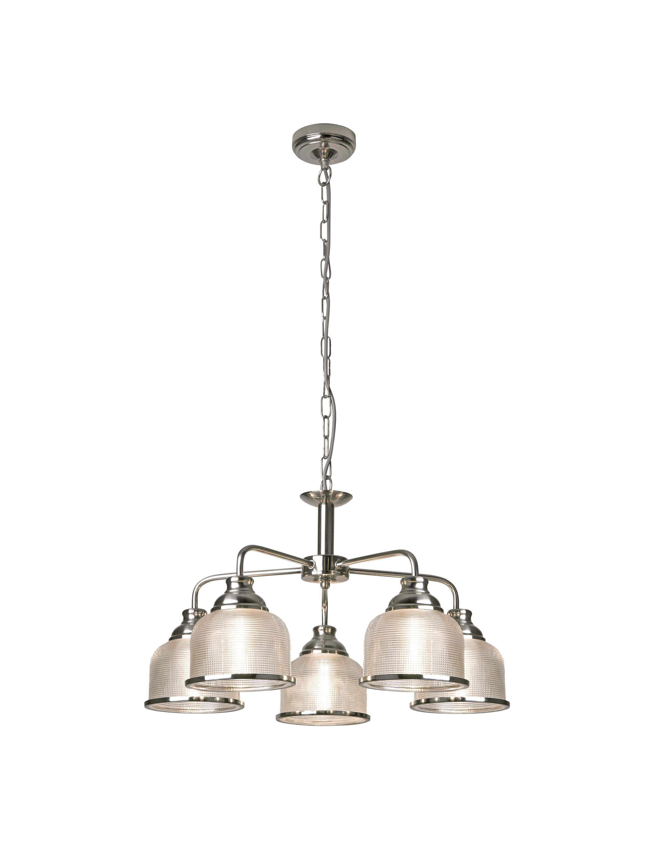 Searchlight Bistro II 5 Light Pendant in satin silver, full fitting on a white background, showing five ribbed holophane style glass shades on a chain suspended frame