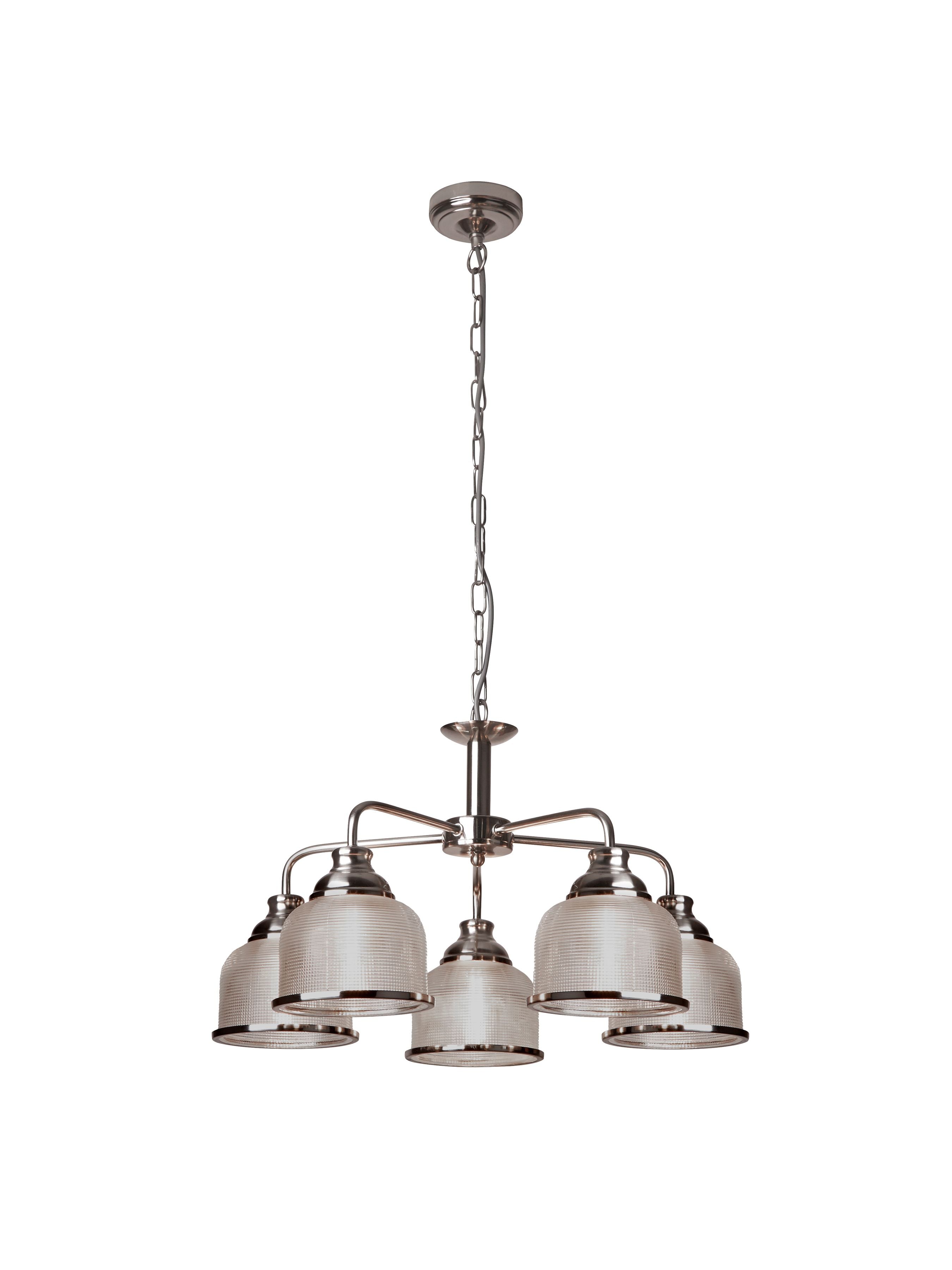 Searchlight Bistro II 5 Light Pendant in satin silver, full fitting on a white background, front view of the five lit ribbed glass shades