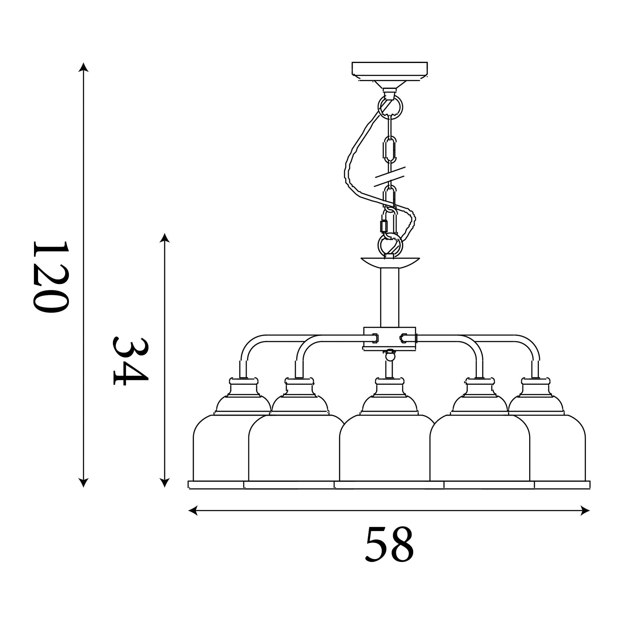 Technical line drawing of the Searchlight Bistro II 5 Light Pendant showing a total height of 120cm, drop of 34cm and width of 58cm