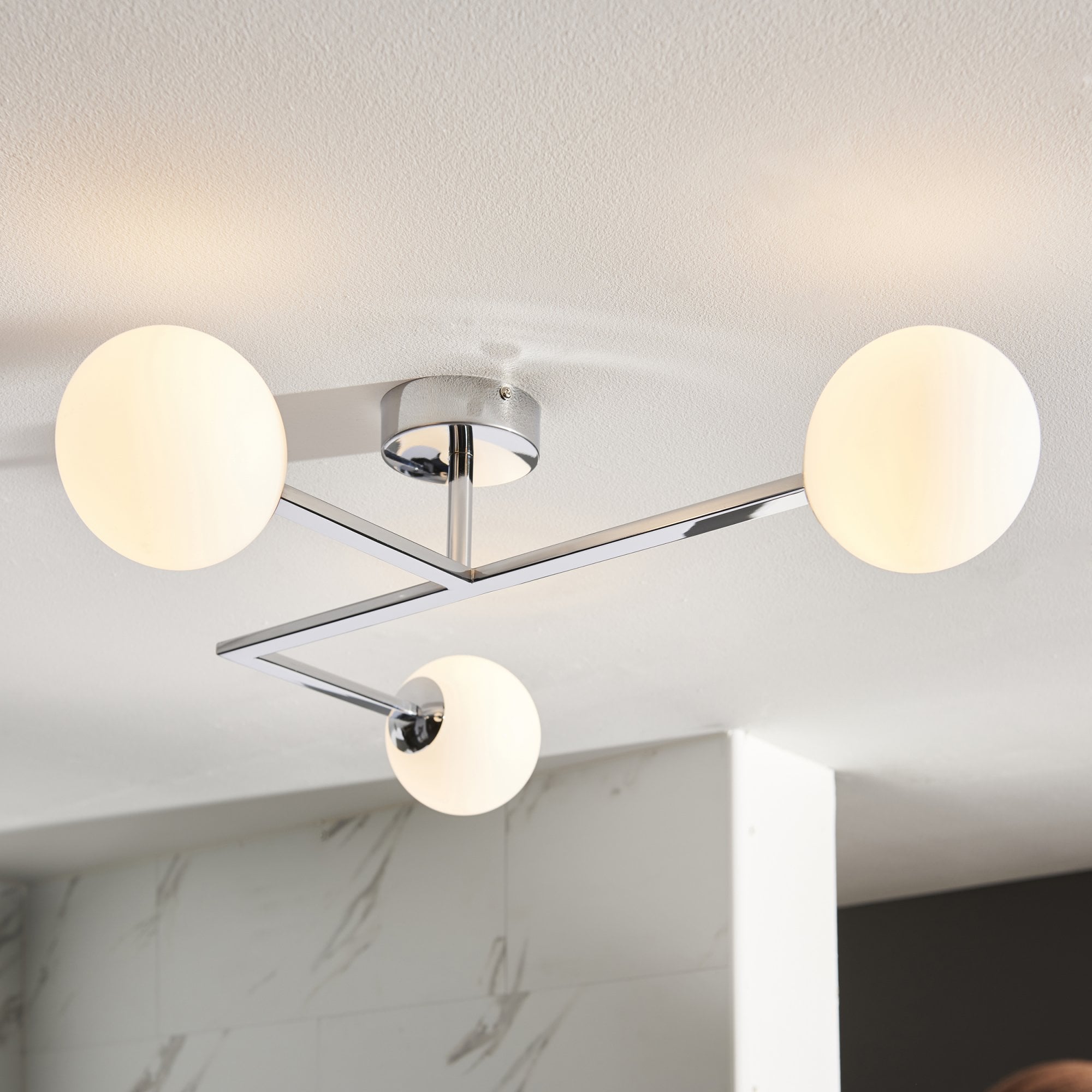 Utopia Linear Metal Semi Flush Fitting - Chrome With White Globe